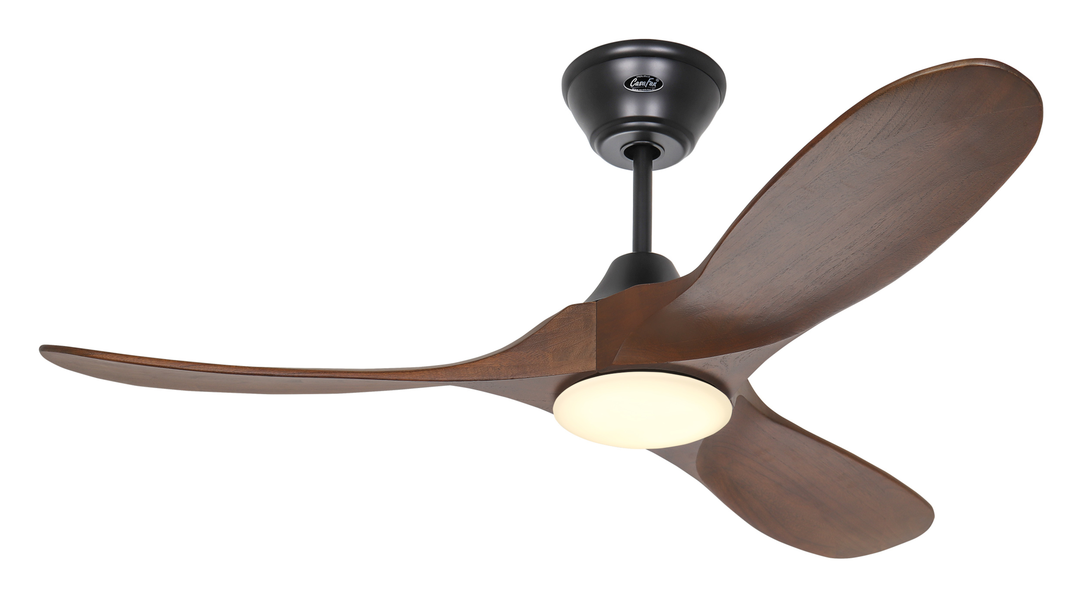 Ventilatore a soffitto a tre pale con motore nero e pale in legno scuro.