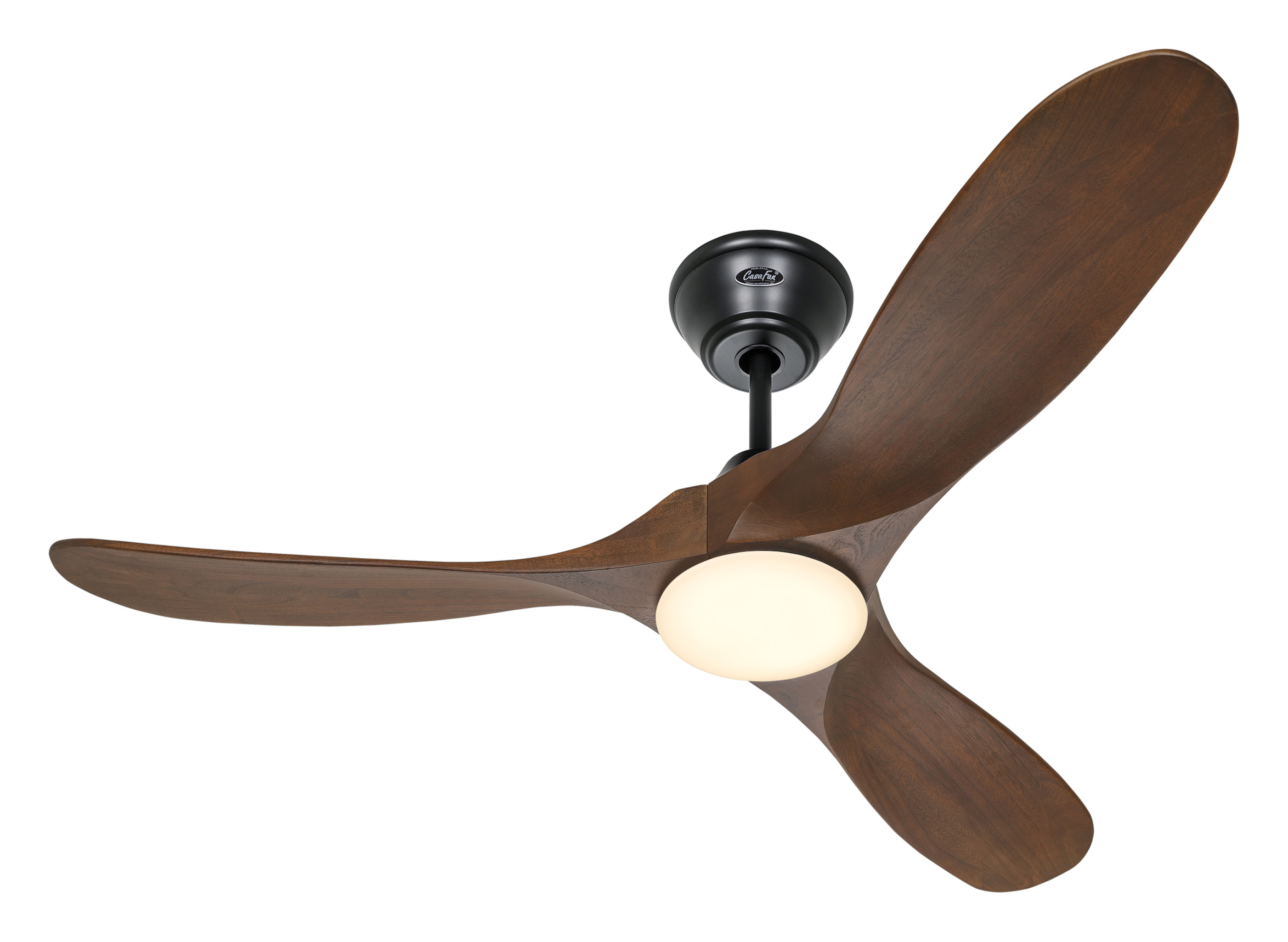 Ventilatore da soffitto con tre pale in legno scuro e un motore nero. Il ventilatore è montato sul soffitto.