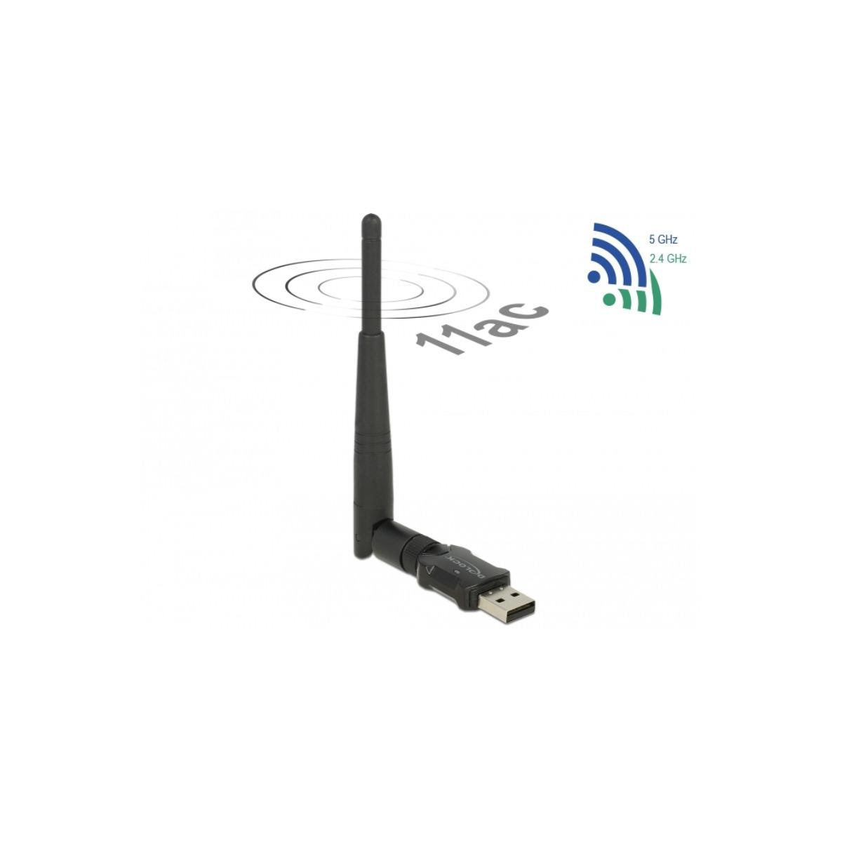Un adattatore wi-fi USB nero con una lunga antenna. La grafica mostra 11ac, 5 GHz e 2,4 GHz.