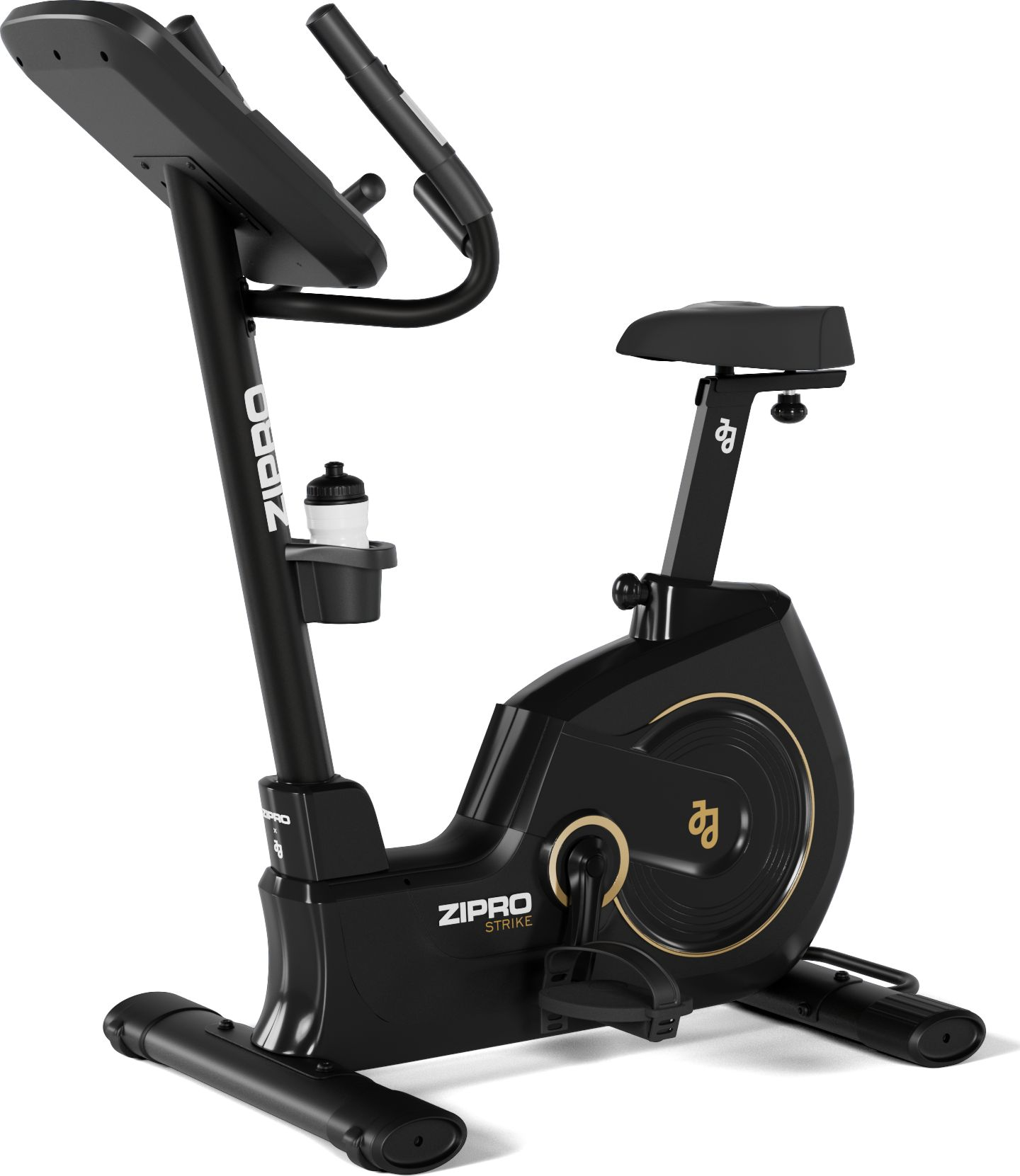 Schwarzes Heimtrainer mit Trinkflaschenhalter. Das Fahrrad steht auf weißem Grund.