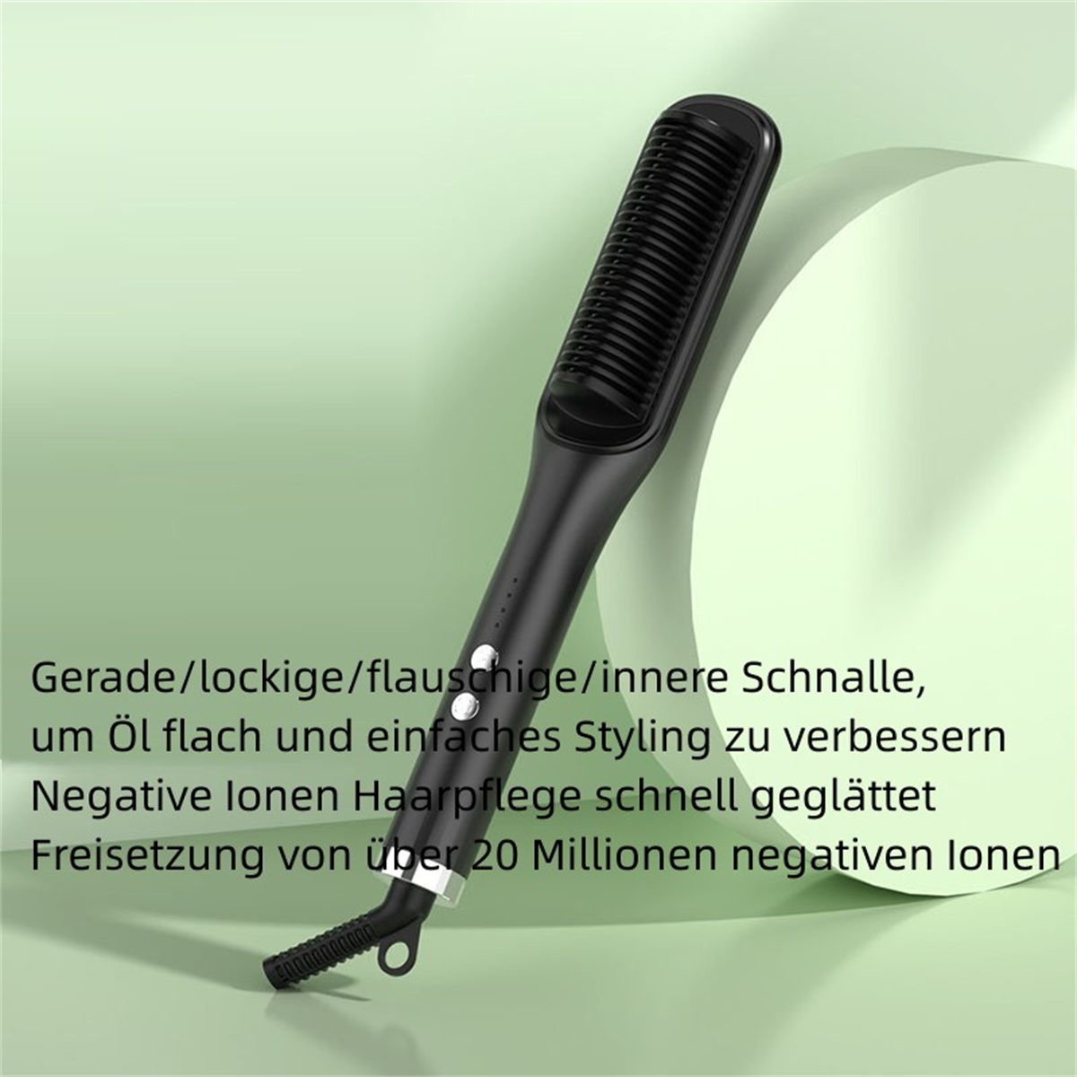 Schwarze Haarglättungsbürste. Text auf Deutsch beschreibt Eigenschaften und Vorteile.