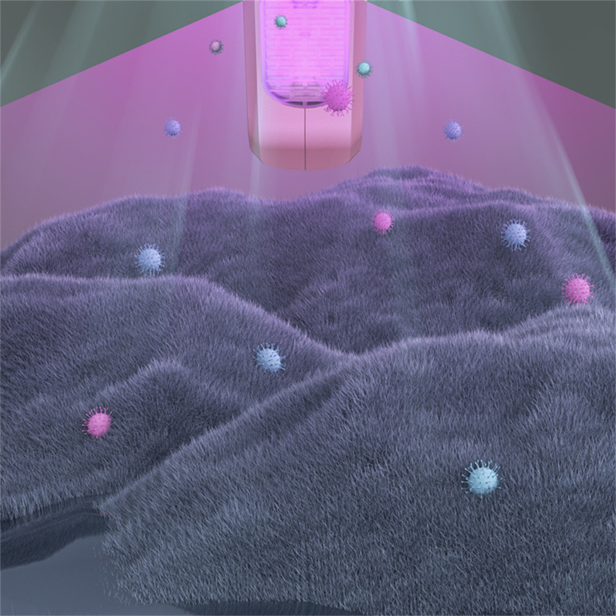 Ein Gerät sendet violettes Licht über flauschiges, dunkelgraues Material mit schwebenden, bunten Kugeln.