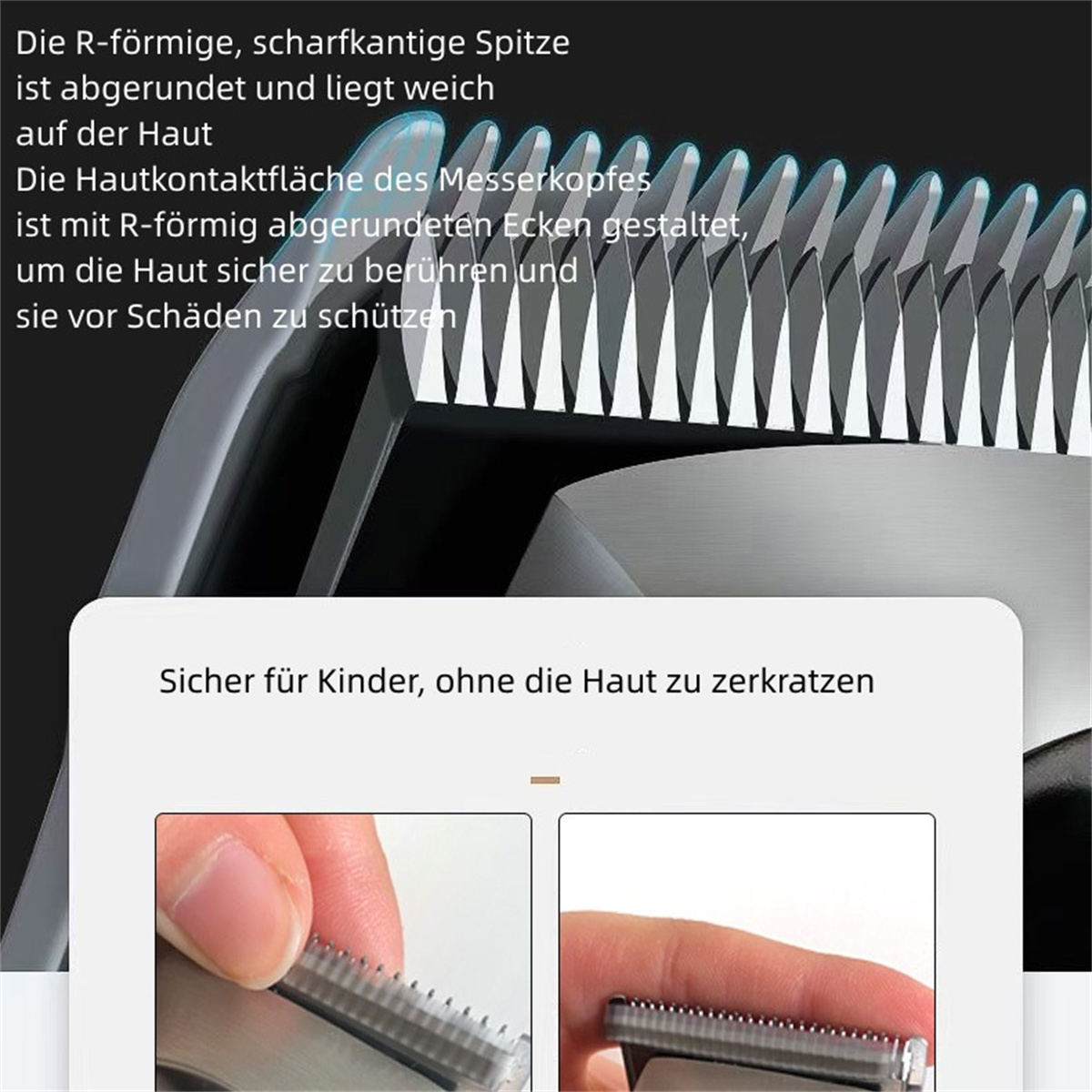 Nahaufnahme von Schermessern. Text auf dem Bild beschreibt die Klingen und Eigenschaften.