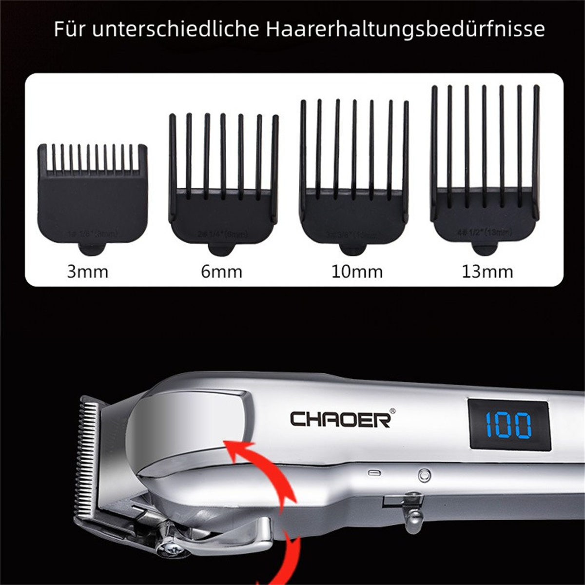 Haarschneider und Aufsätze, die die Schnittlängen in mm zeigen.