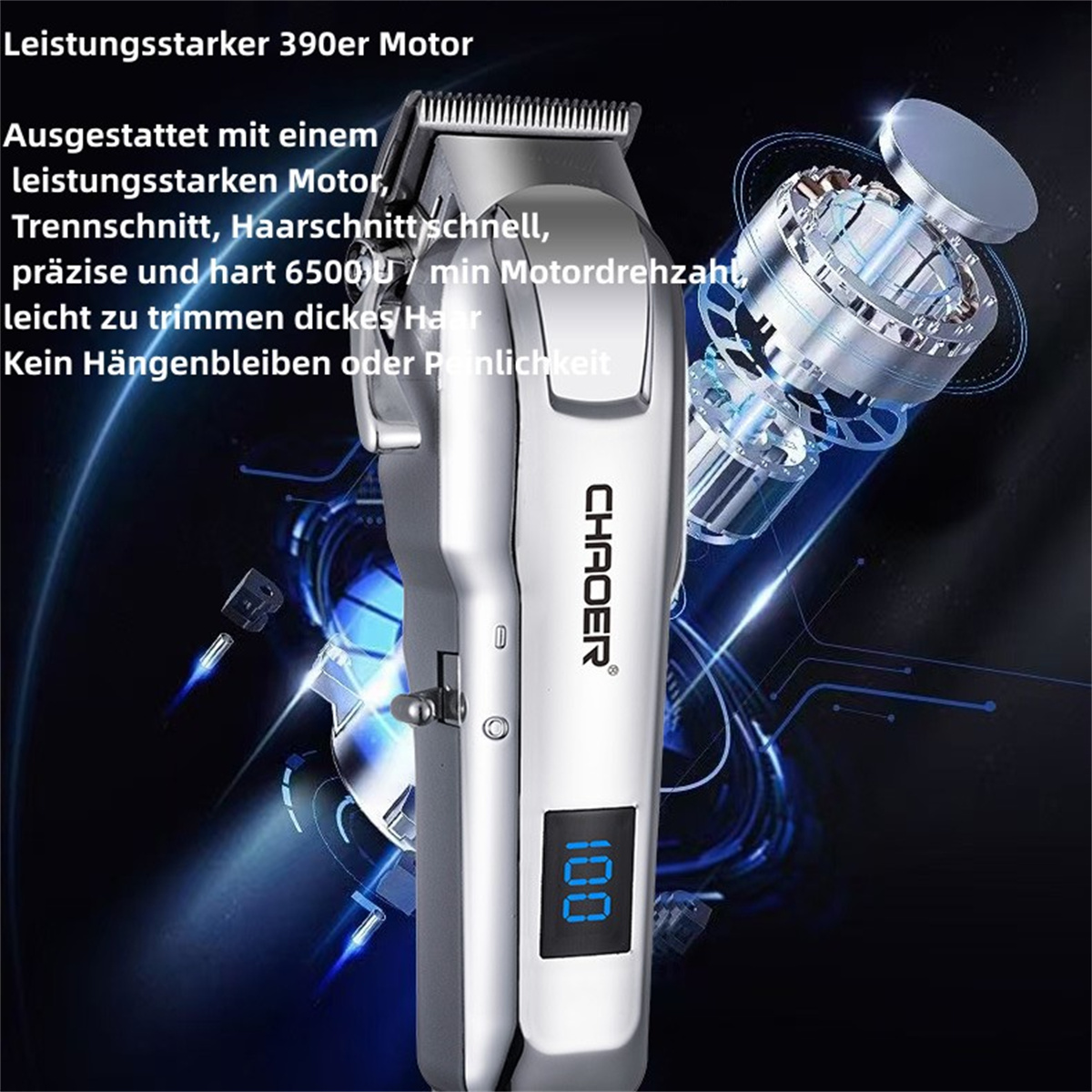 Silberner Haarschneider mit Digitalanzeige 100 und Detail des offenen Mechanismus. Text auf Deutsch.