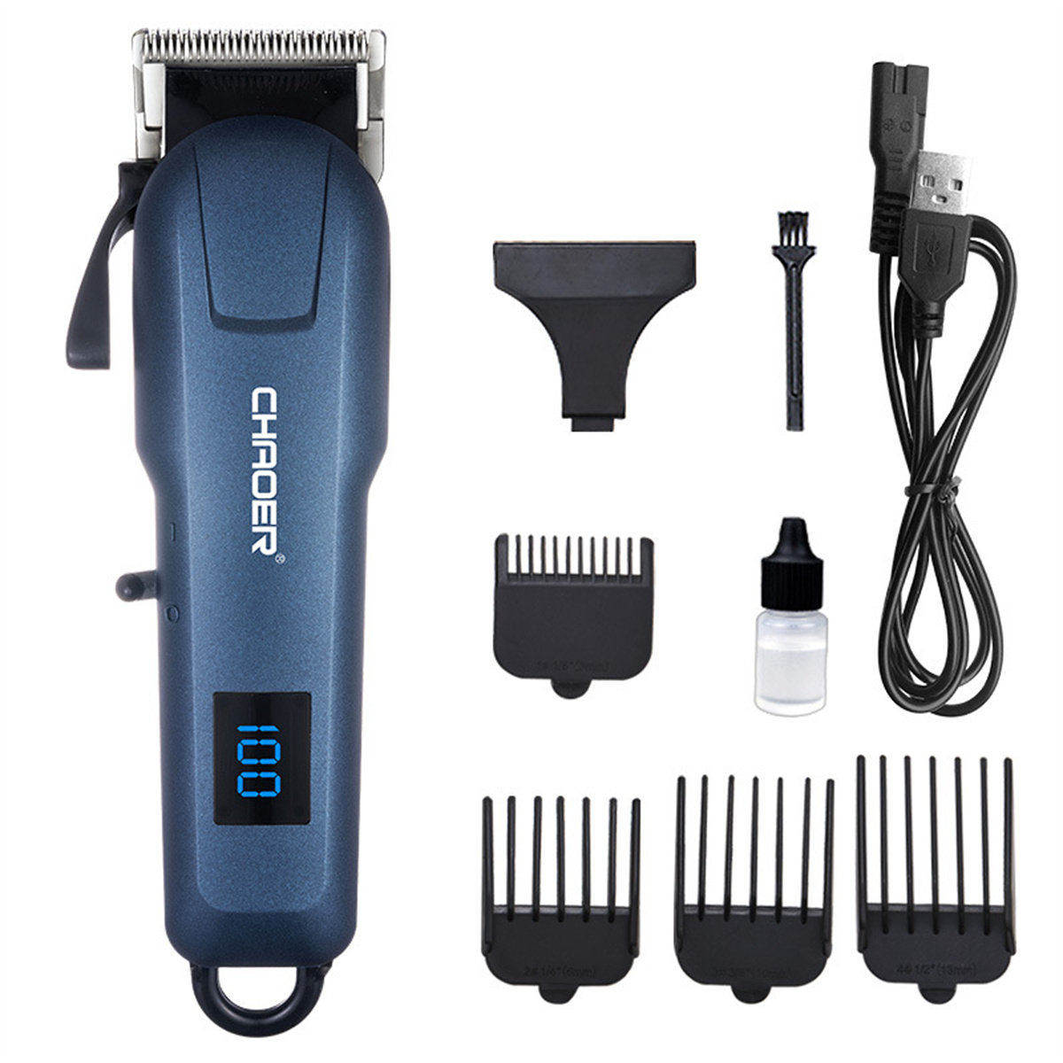 Blauer Haarschneider mit Zubehör. Inklusive Aufsätzen, Öl, Bürste und Ladekabel.