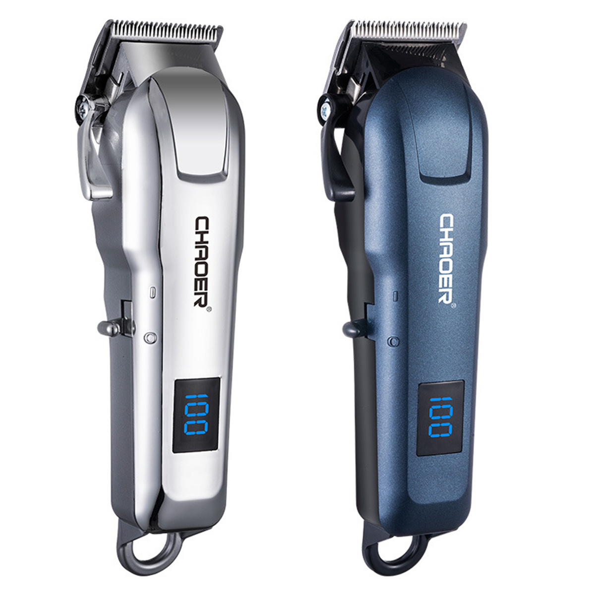 Zwei elektrische Haarschneidemaschinen, eine silberne und eine blaue, mit Digitalanzeigen.