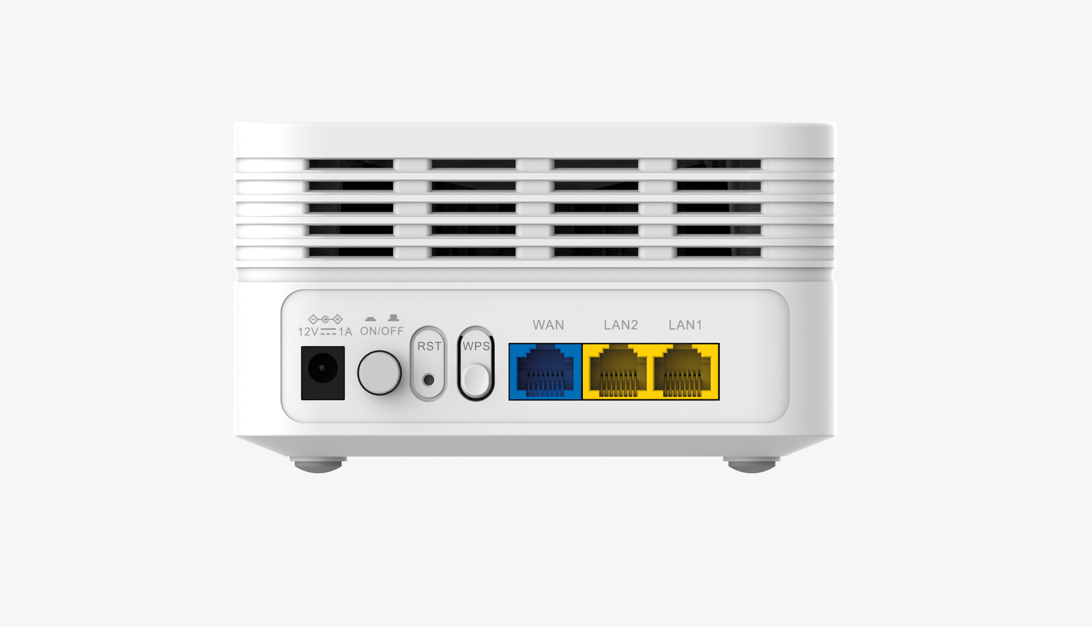 Tył białego routera z portami i przyciskami. Białe tło.