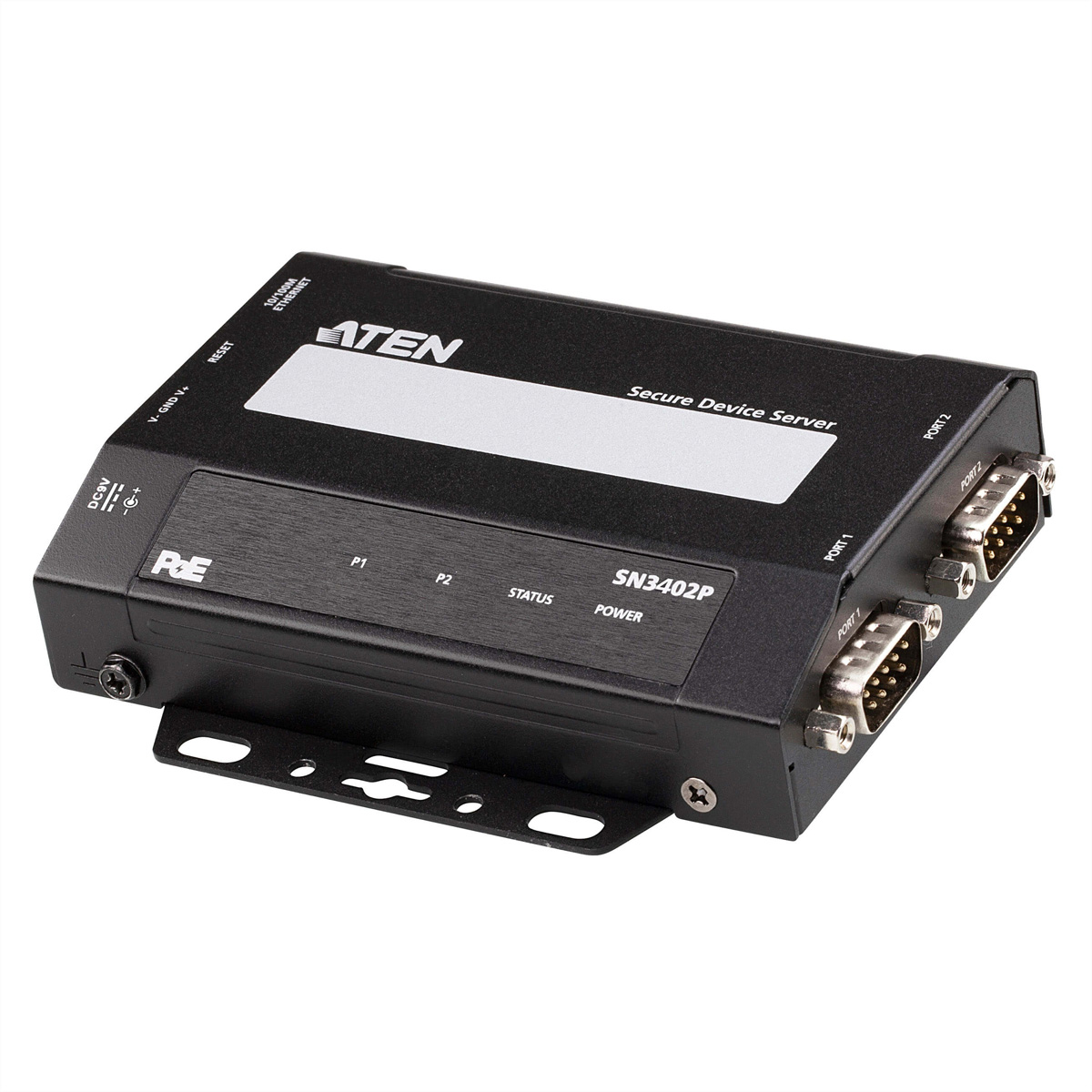 Serveur de périphériques noir avec ports, étiqueté "ATEN", "SN3402P" et "Secure Device Server".