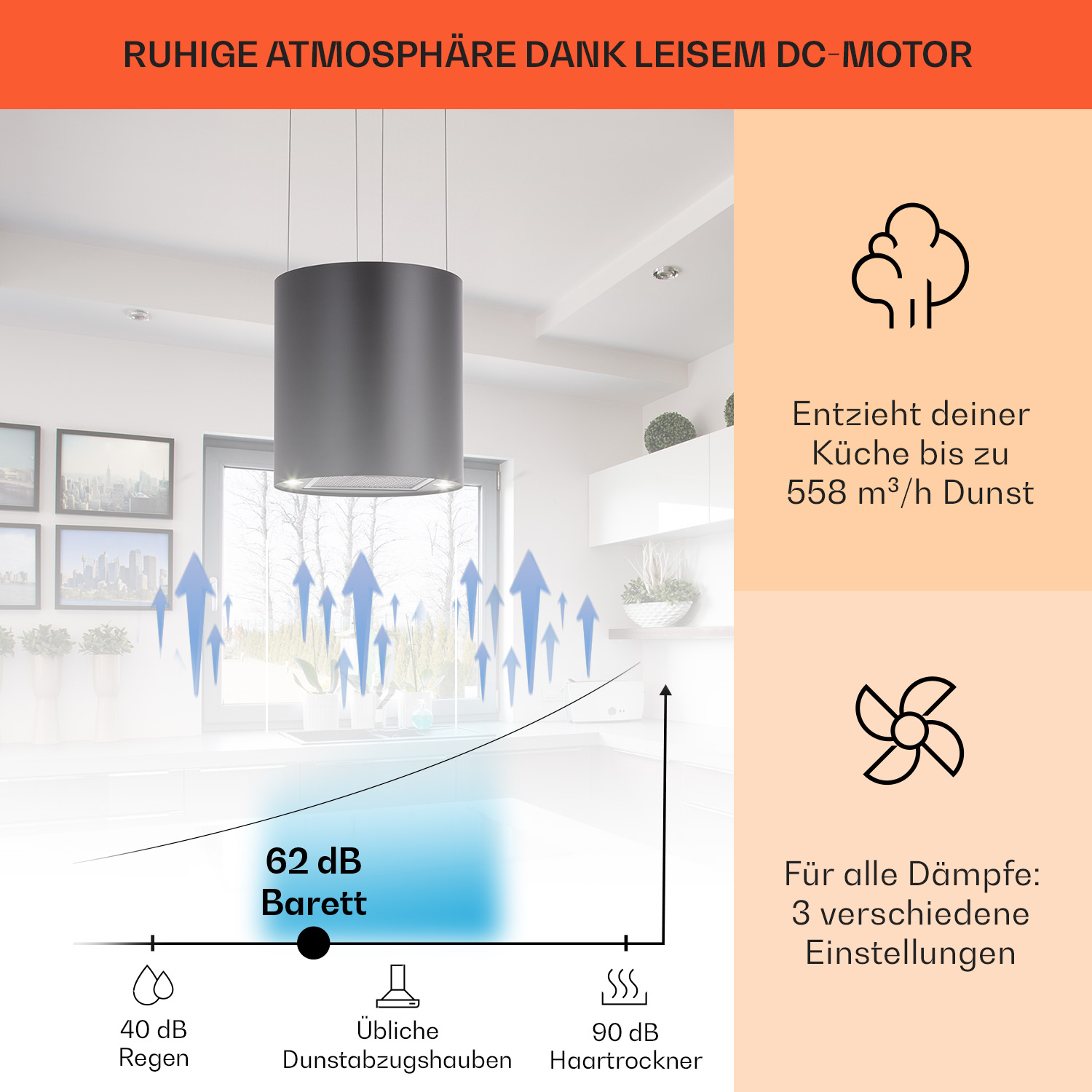 Eine Küche mit grauer Dunstabzugshaube und Text über Geräuschpegel und Absaugleistung.