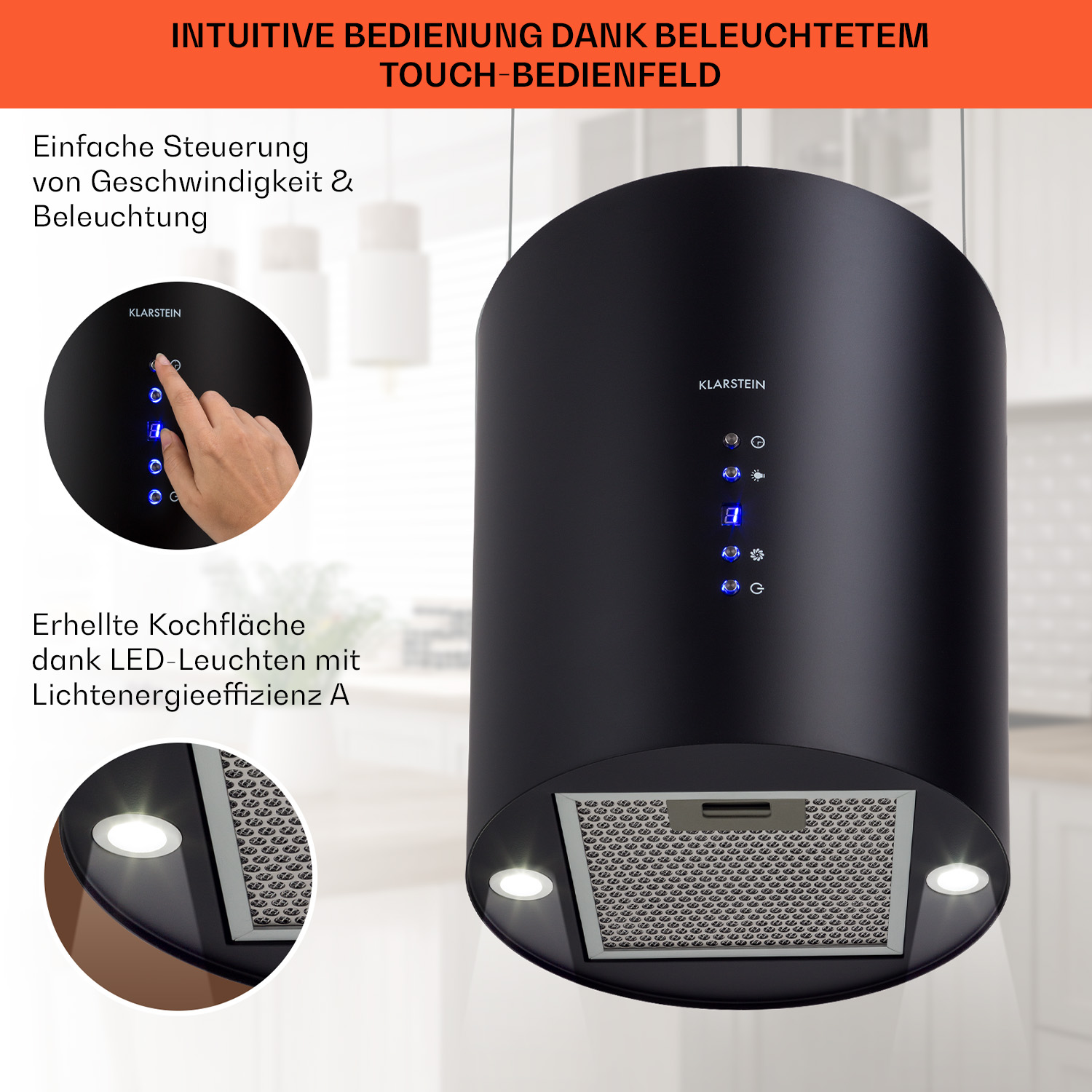 Schwarze Dunstabzugshaube mit Touch-Bedienelementen, beleuchtetem Display und zwei Strahlern.
