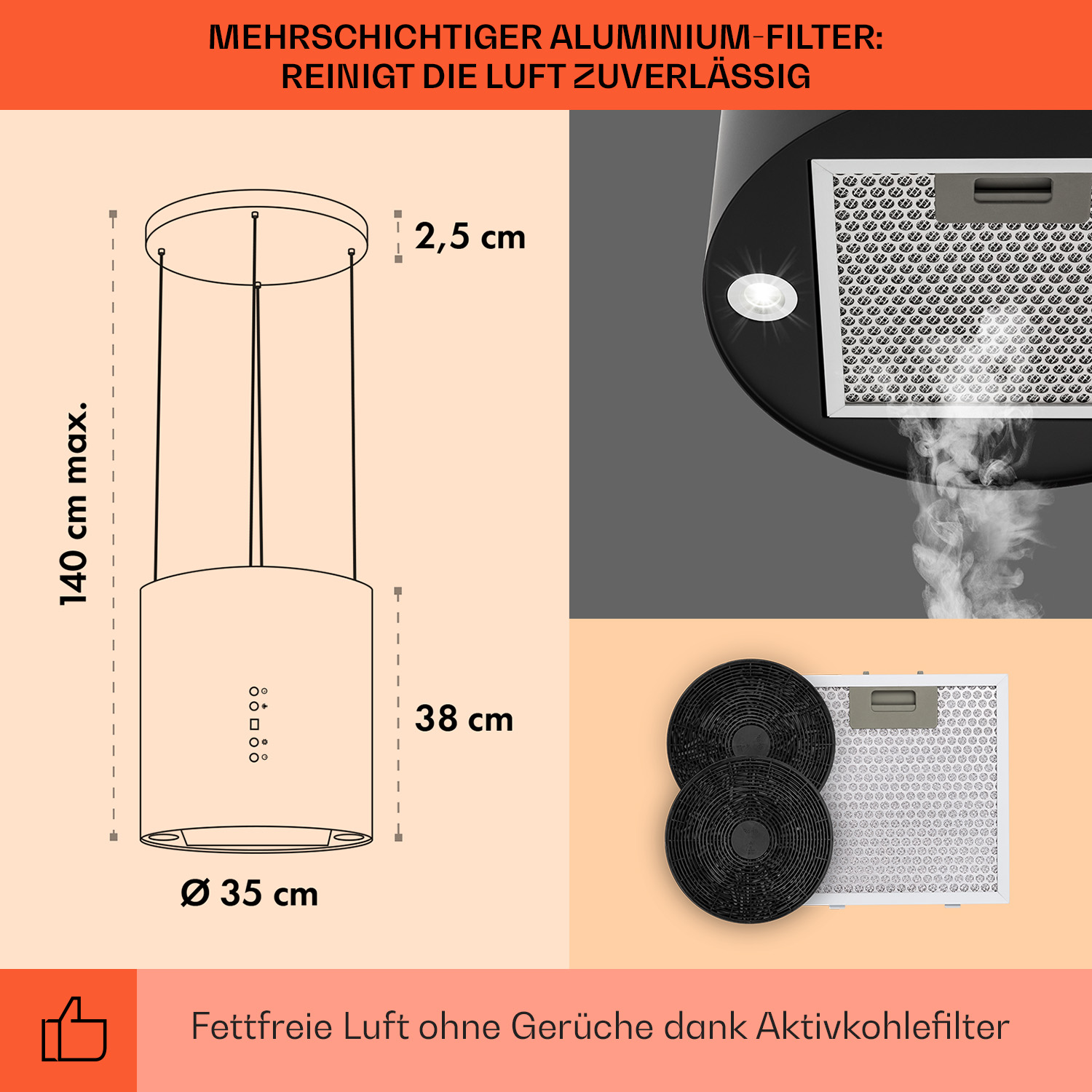 Diagramm einer Dunstabzugshaube mit Maßen, Filter und Aktivkohlefilter.