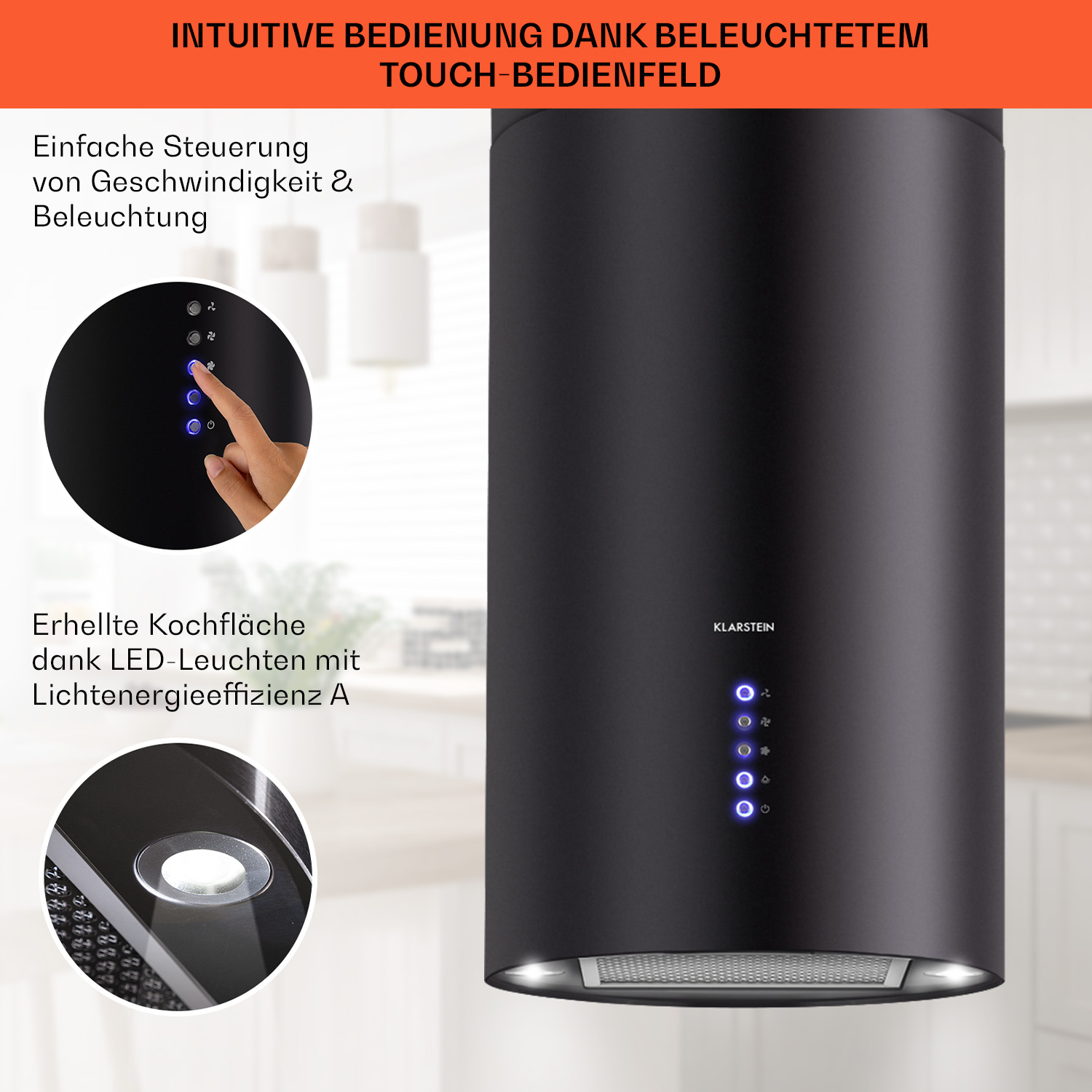 Cappa nera con controllo touch e dettaglio della luce e del pannello di controllo. Sfondo bianco.