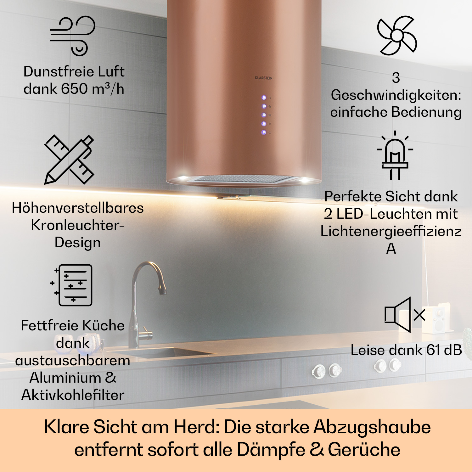 Kupferfarbene Dunstabzugshaube mit Textetiketten und Symbolen. Weißer Hintergrund. Merkmale umfassen Geschwindigkeit und Licht.