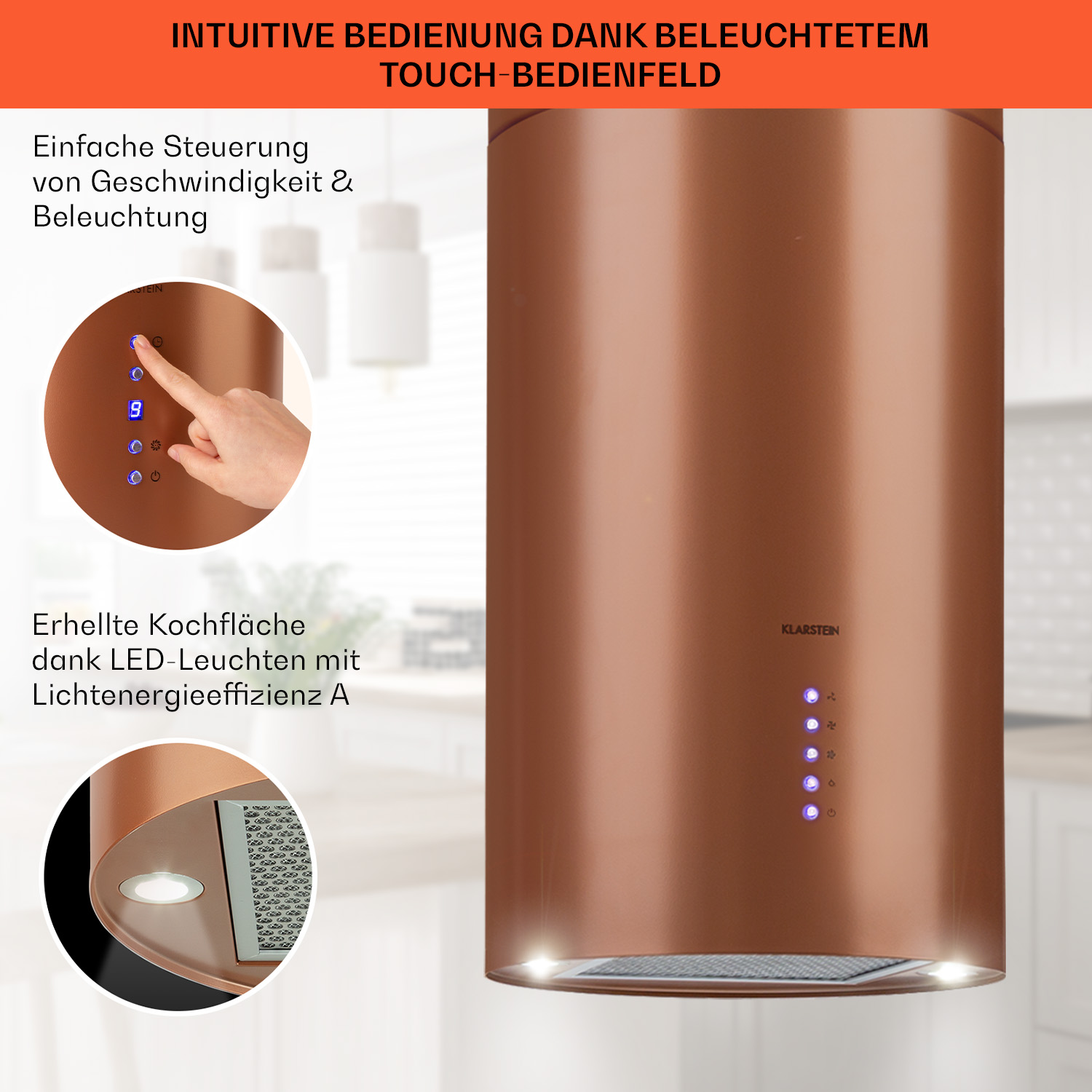 Kupferfarbene Dunstabzugshaube mit Touch-Bedienelementen. Eine Hand berührt das Bedienfeld. LED-Leuchten sind an.