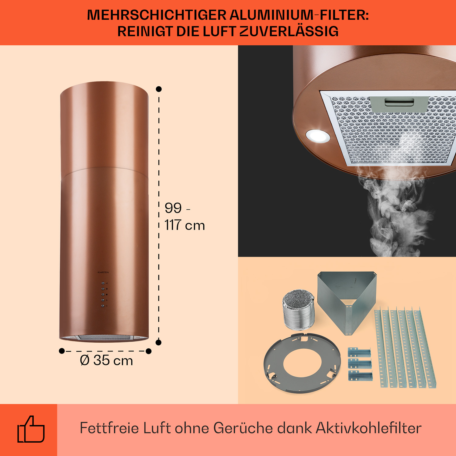 Kupferfarbene Dunstabzugshaube. Enthält Filter und Komponenten. Text auf Deutsch.