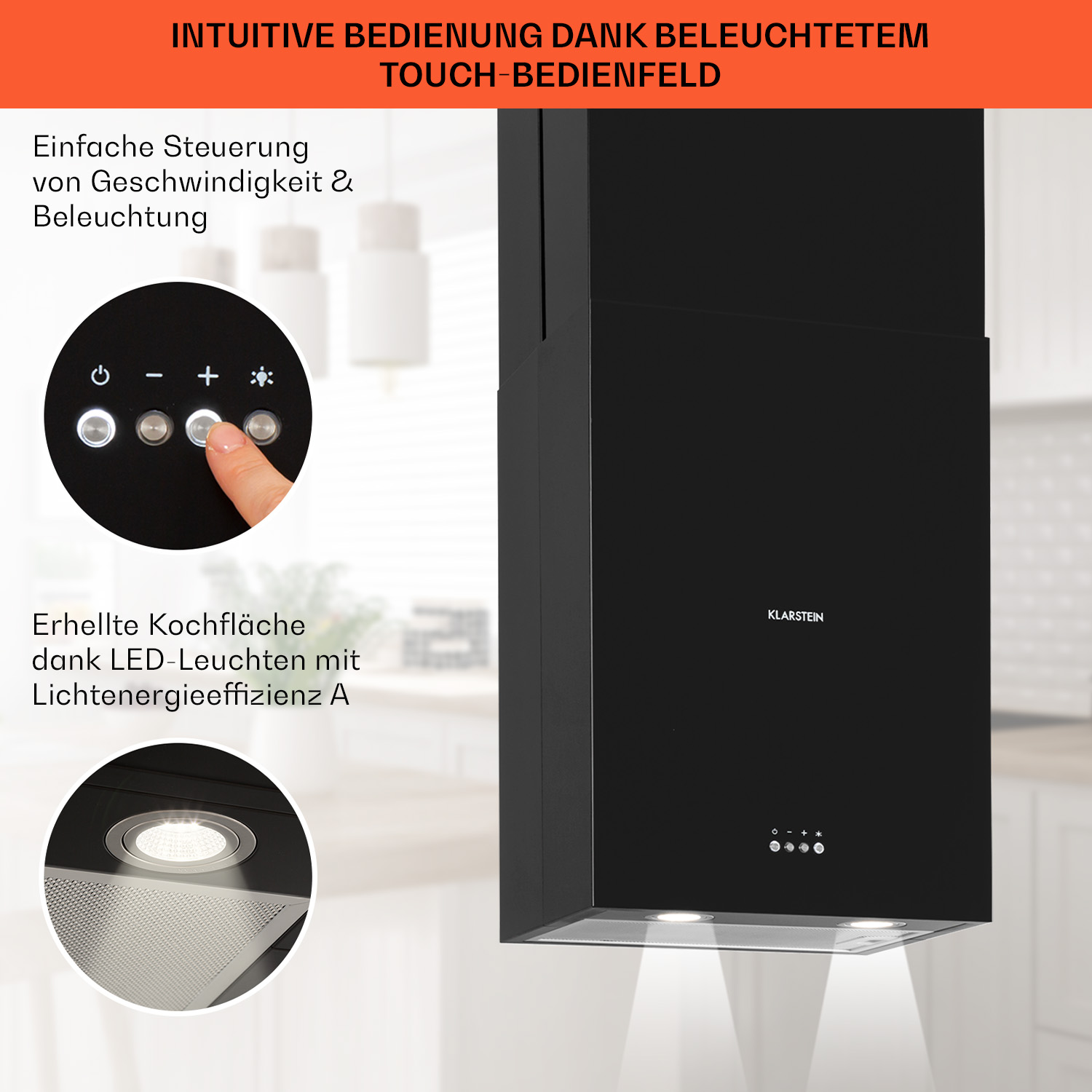 Cappa da cucina nera con pannello a sfioramento e illuminazione a LED. Testo in tedesco.