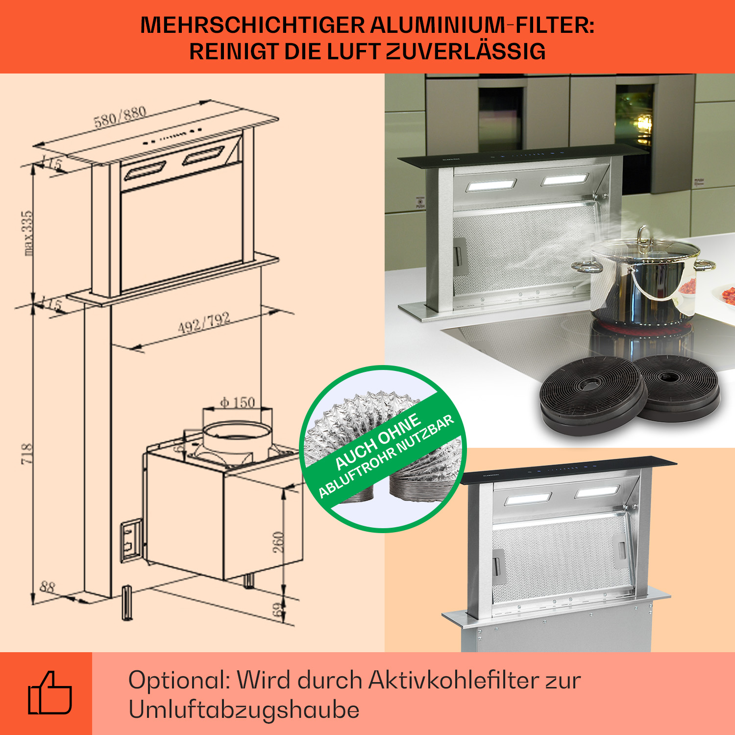 Diagramm einer Küchenabzugshaube mit Filteroptionen und Abmessungen.