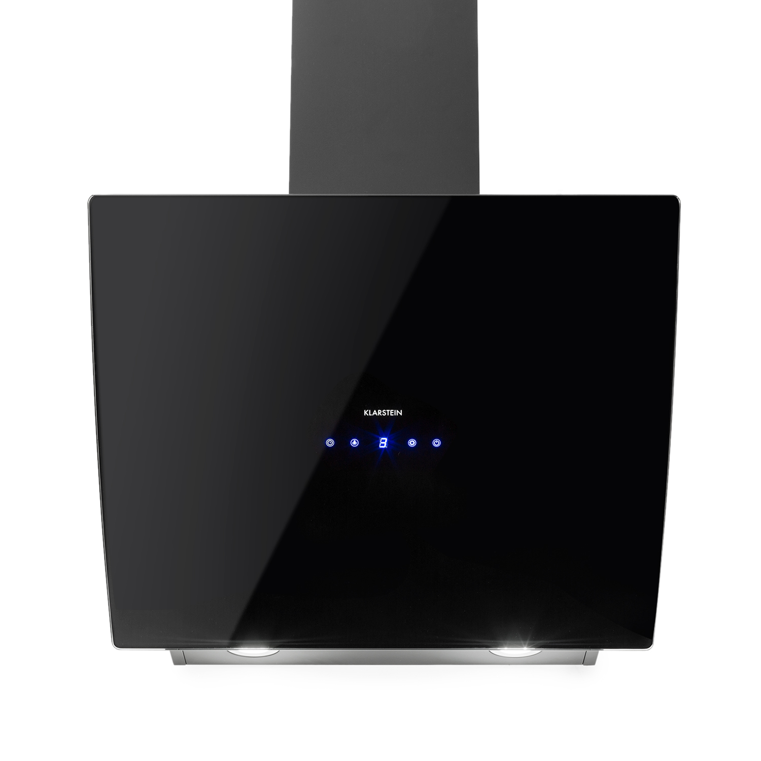 Schwarze Küchenabzugshaube mit Touch-Bedienfeld. Sie hat blaue Lichtindikatoren und einen schwarzen Körper.