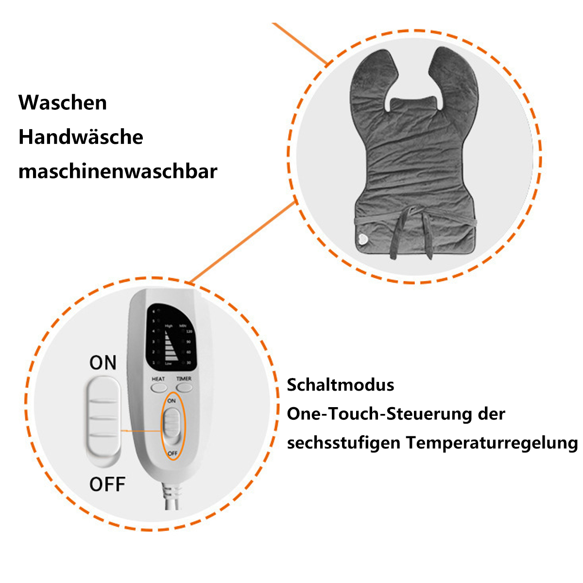 Heizkissen mit Bedienfeld. Graues Pad mit weißem Bedienfeld mit Knöpfen. Weißer Hintergrund.