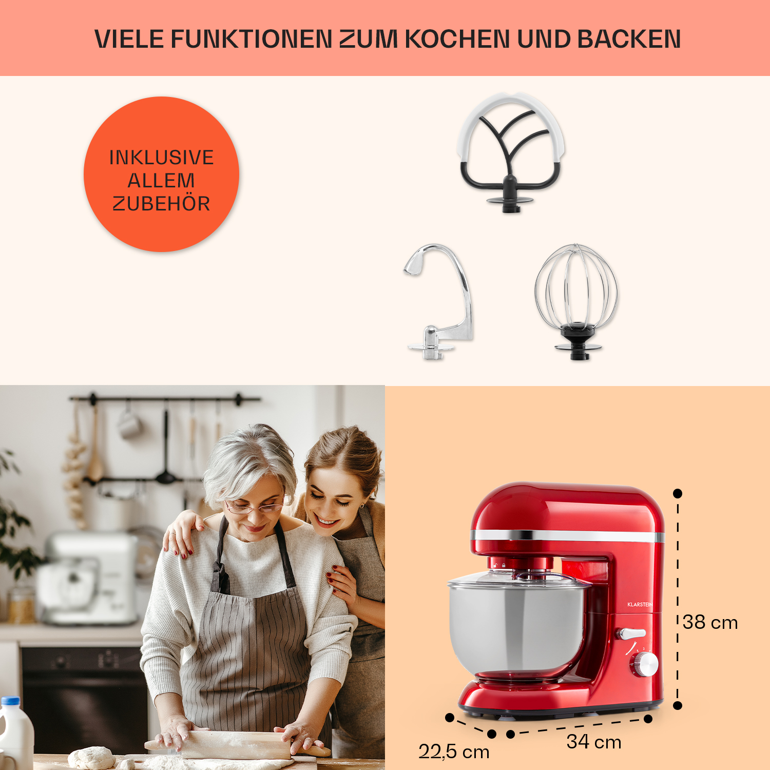 Ein roter Küchenmixer. Zwei Frauen bereiten Teig zu, neben einem weißen Küchengerät.