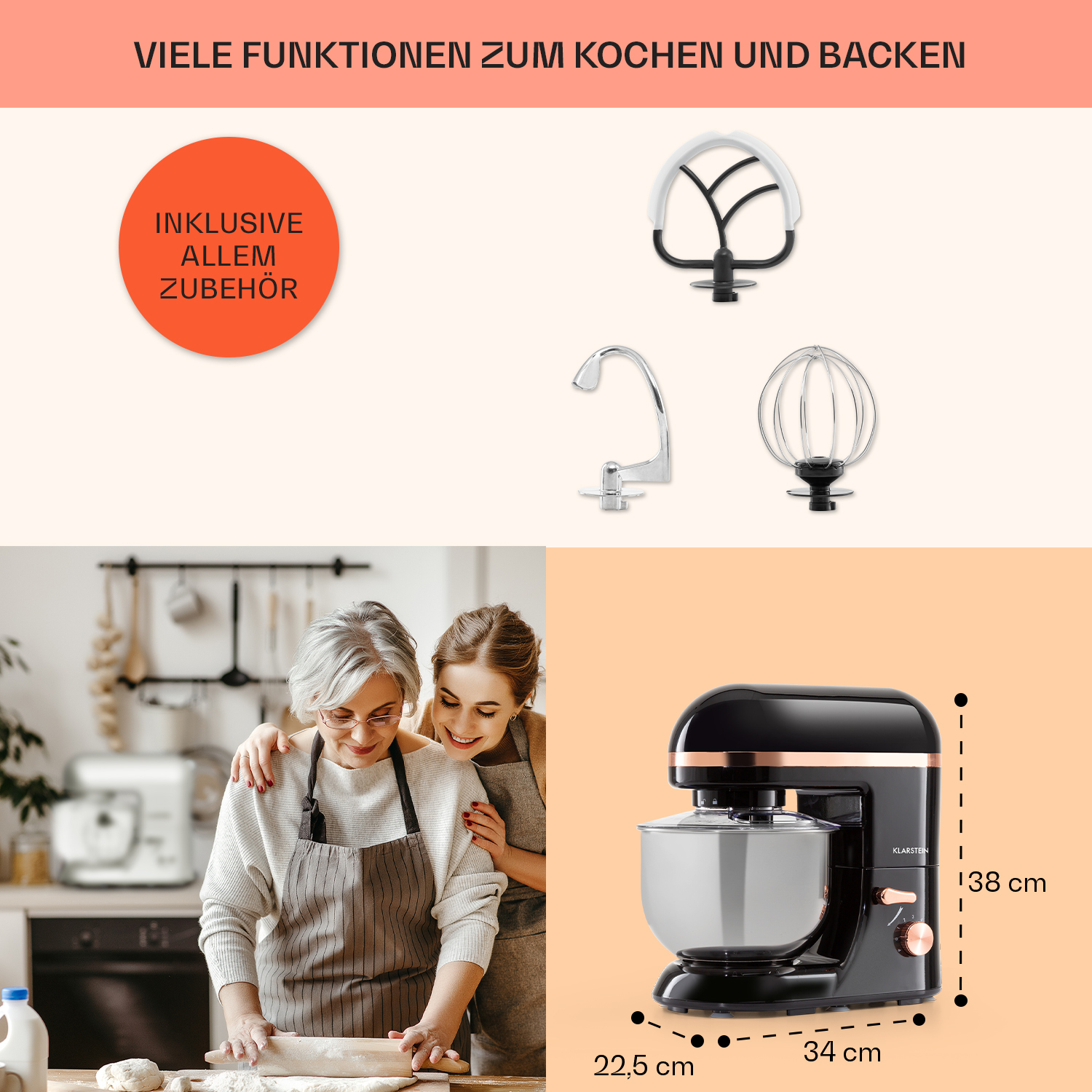 Due donne in cucina, una impasta, l'altra guarda. Robot da cucina, accessori e testo sullo sfondo.