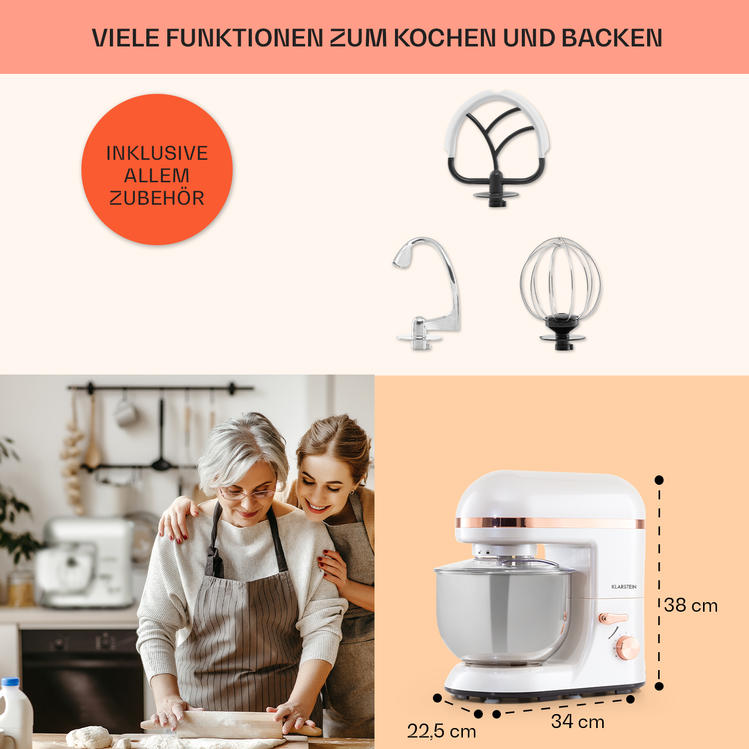 Zwei Frauen beim Backen, eine Küchenmaschine und verschiedene Aufsätze, auf hellorangefarbenem Hintergrund.