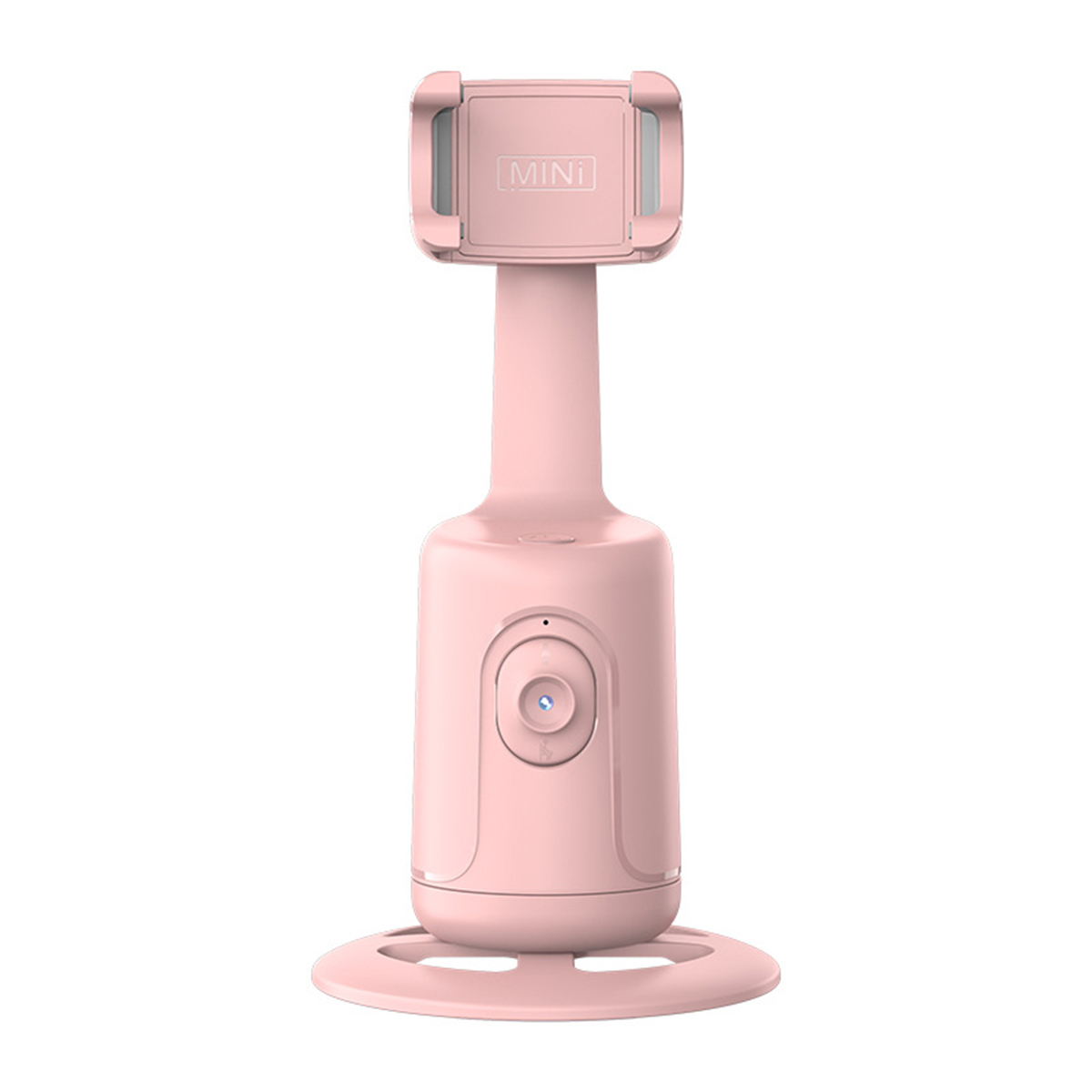 Rosa Telefonhalter für Selfies, mit rundem Sockel und verstellbarem Arm.