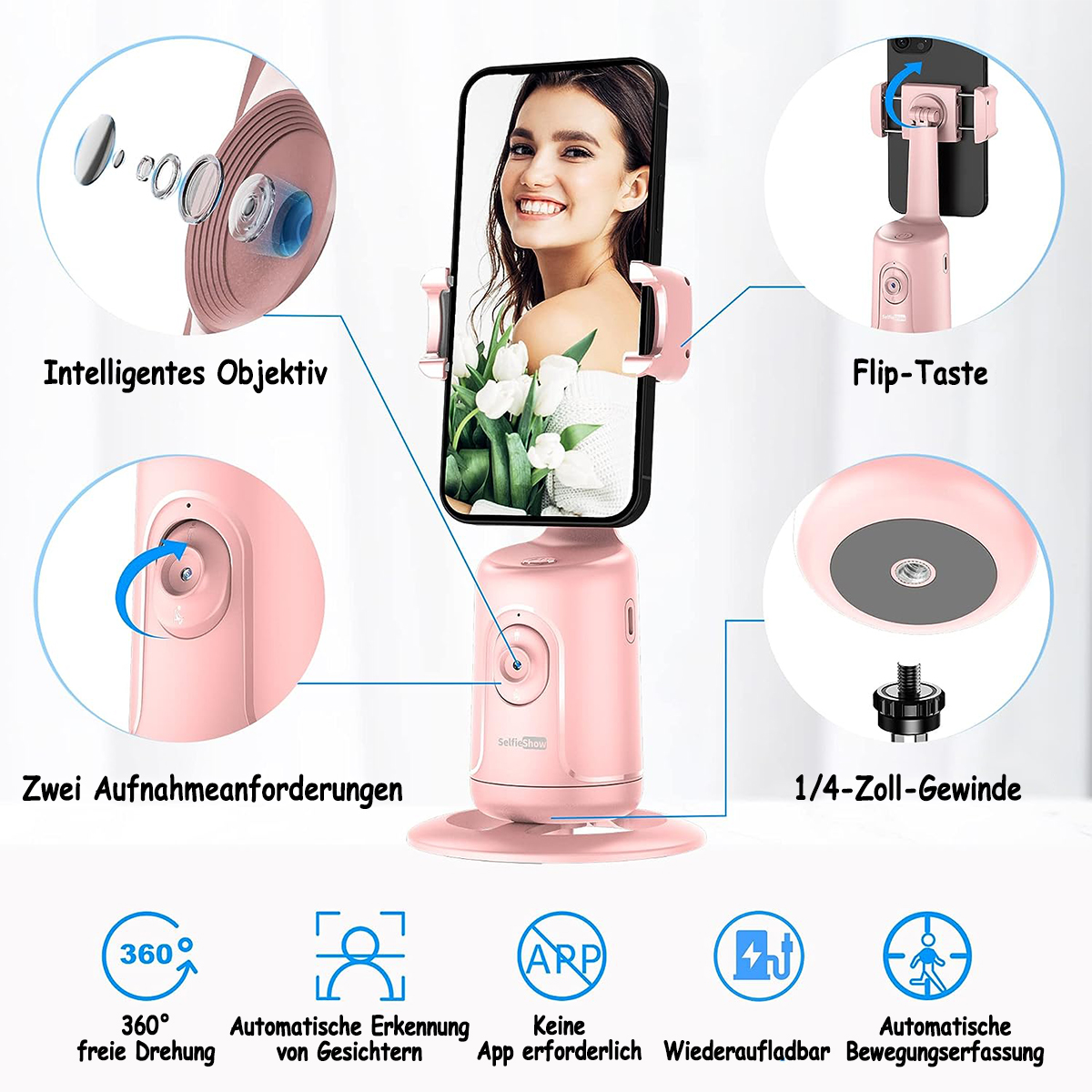 Rosa Telefonhalter mit Telefon und Frauengesicht auf dem Bildschirm.