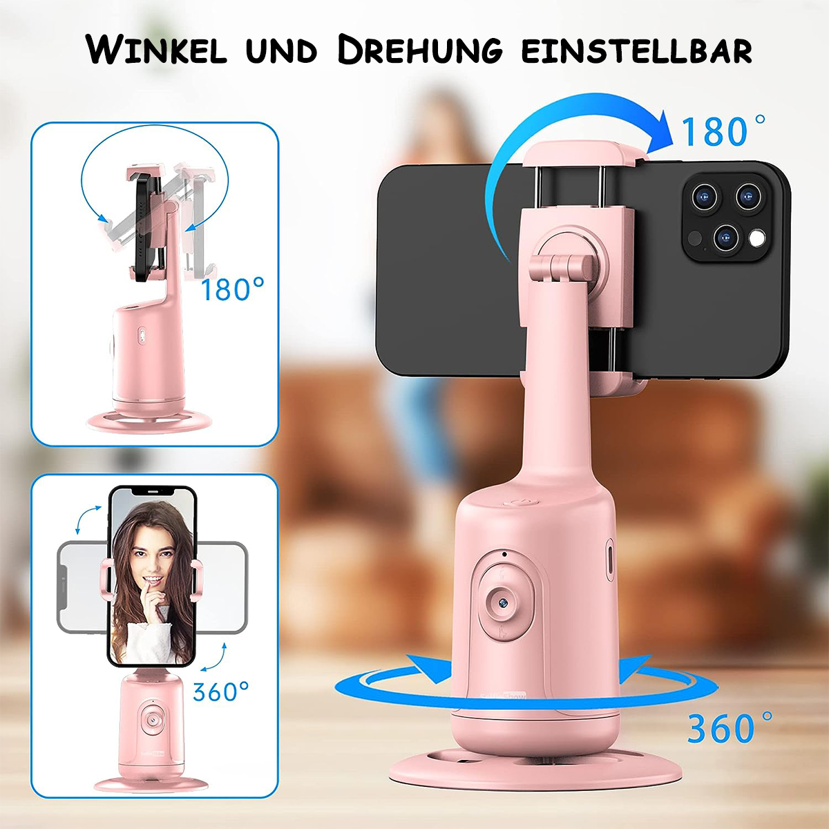 Rosa Telefonhalter dreht sich um 180/360 Grad. Telefon ist auf rosa Basis montiert.