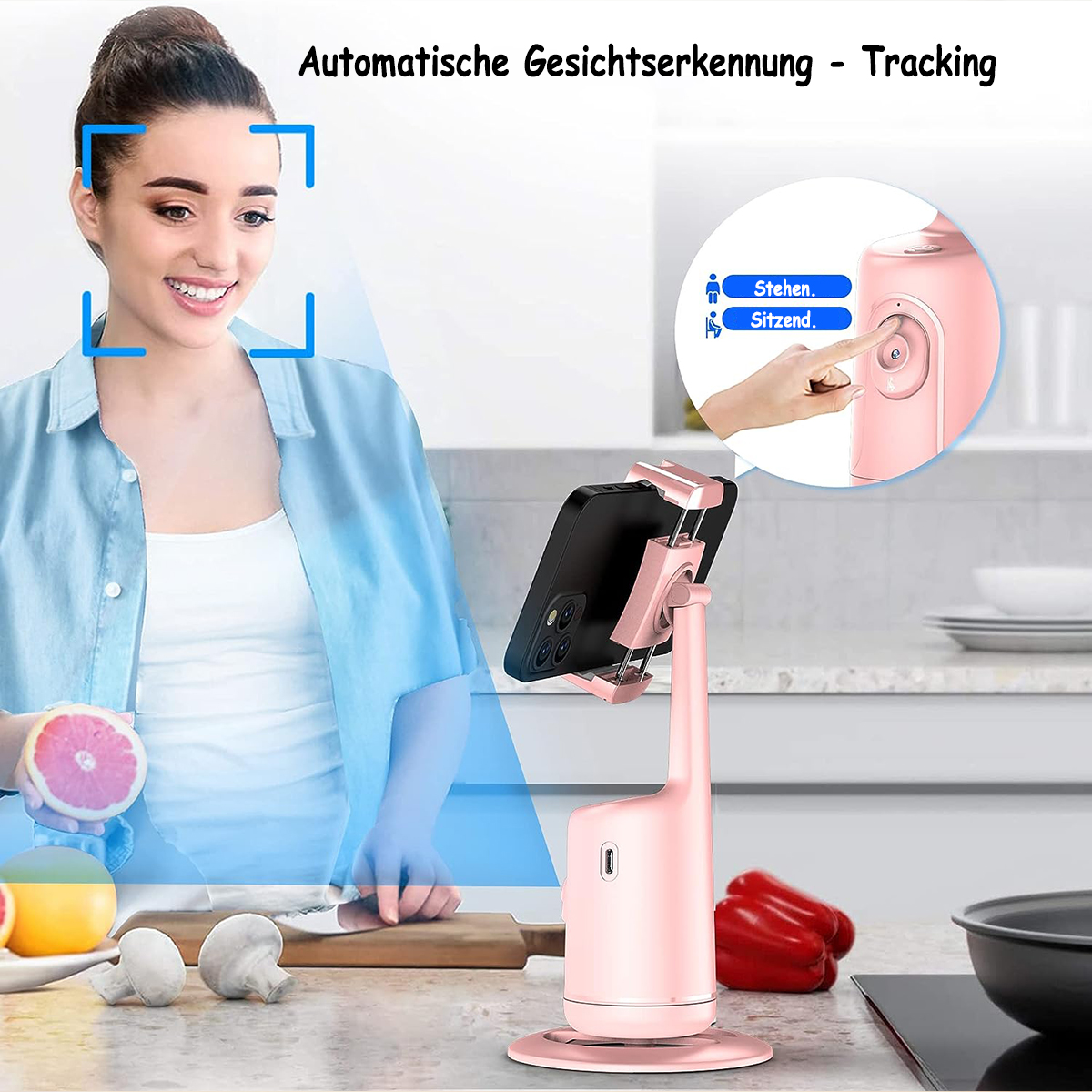 Frau mit Telefon in einem Ständer und Text: Automatische Gesichtserkennung-Tracking. Rosa Gerät und Früchte.