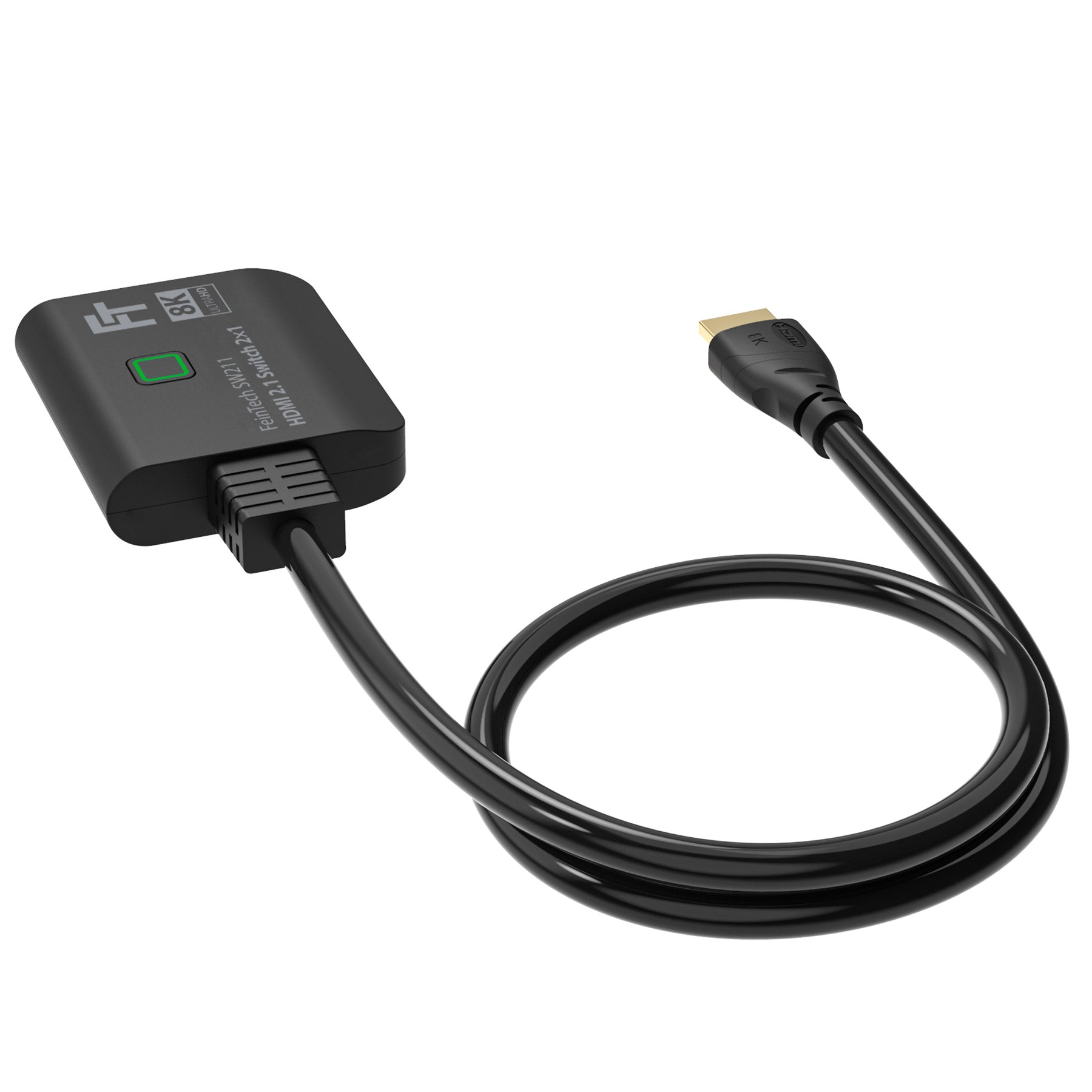 Schwarzer HDMI-Switch mit angeschlossenem Kabel, 8K-Logo sichtbar.