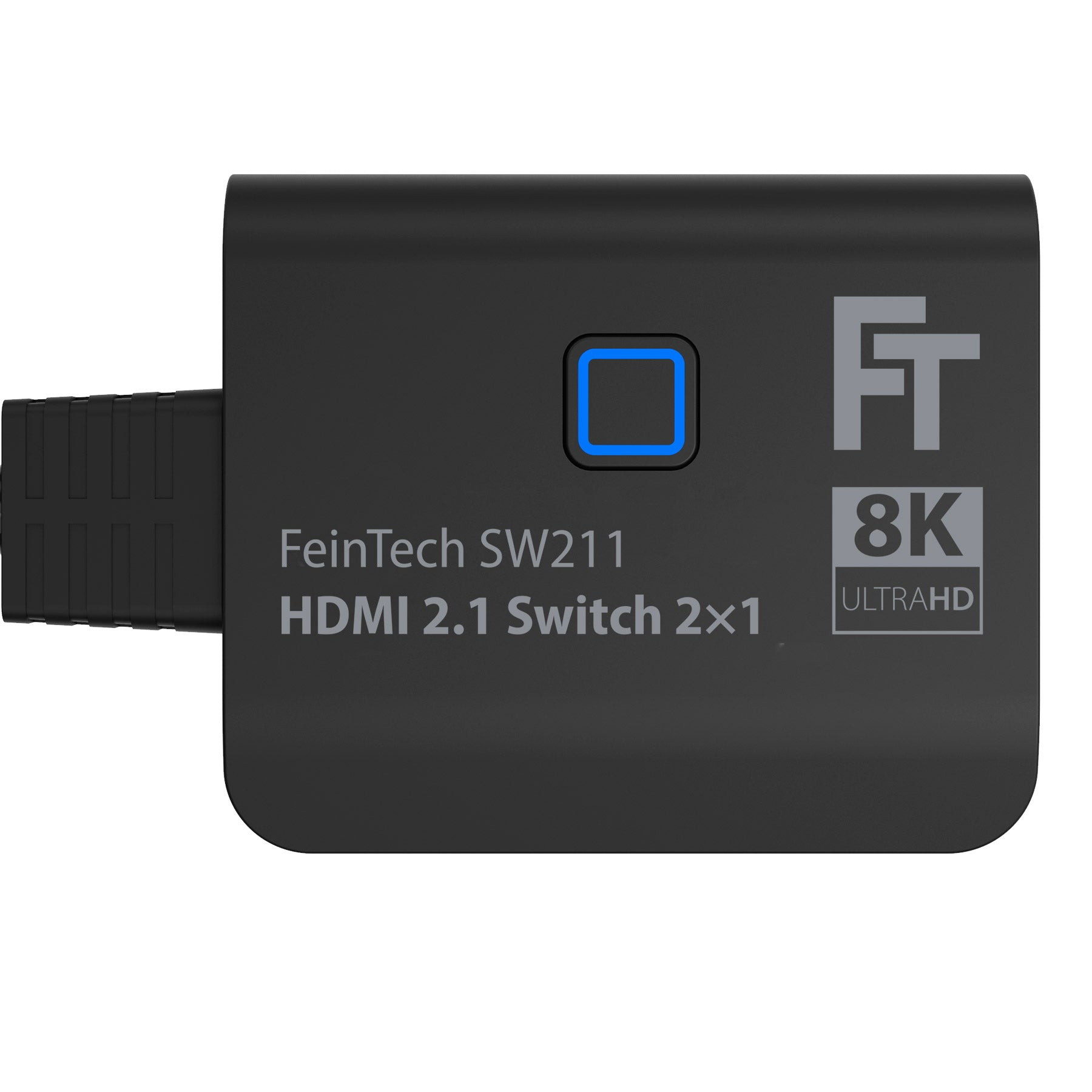 Schwarzer HDMI-Switch mit blauem Netzschalter und dem Text 'FeinTech SW211'.
