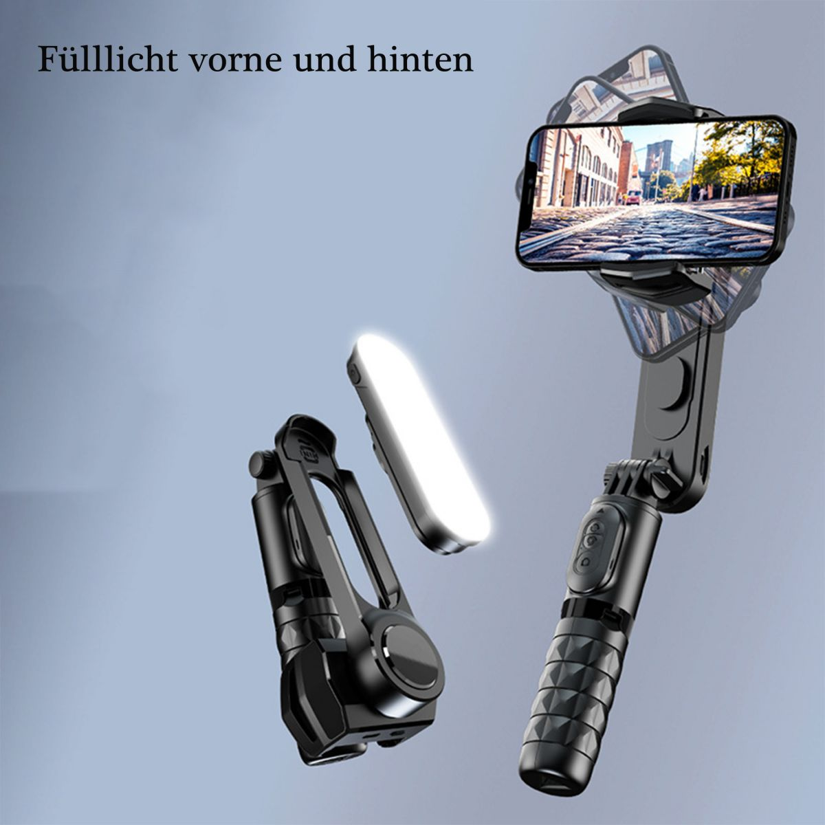 Ein Telefon auf einem Selfie-Stick mit Licht. Eine Straßenszene ist auf dem Bildschirm des Telefons.