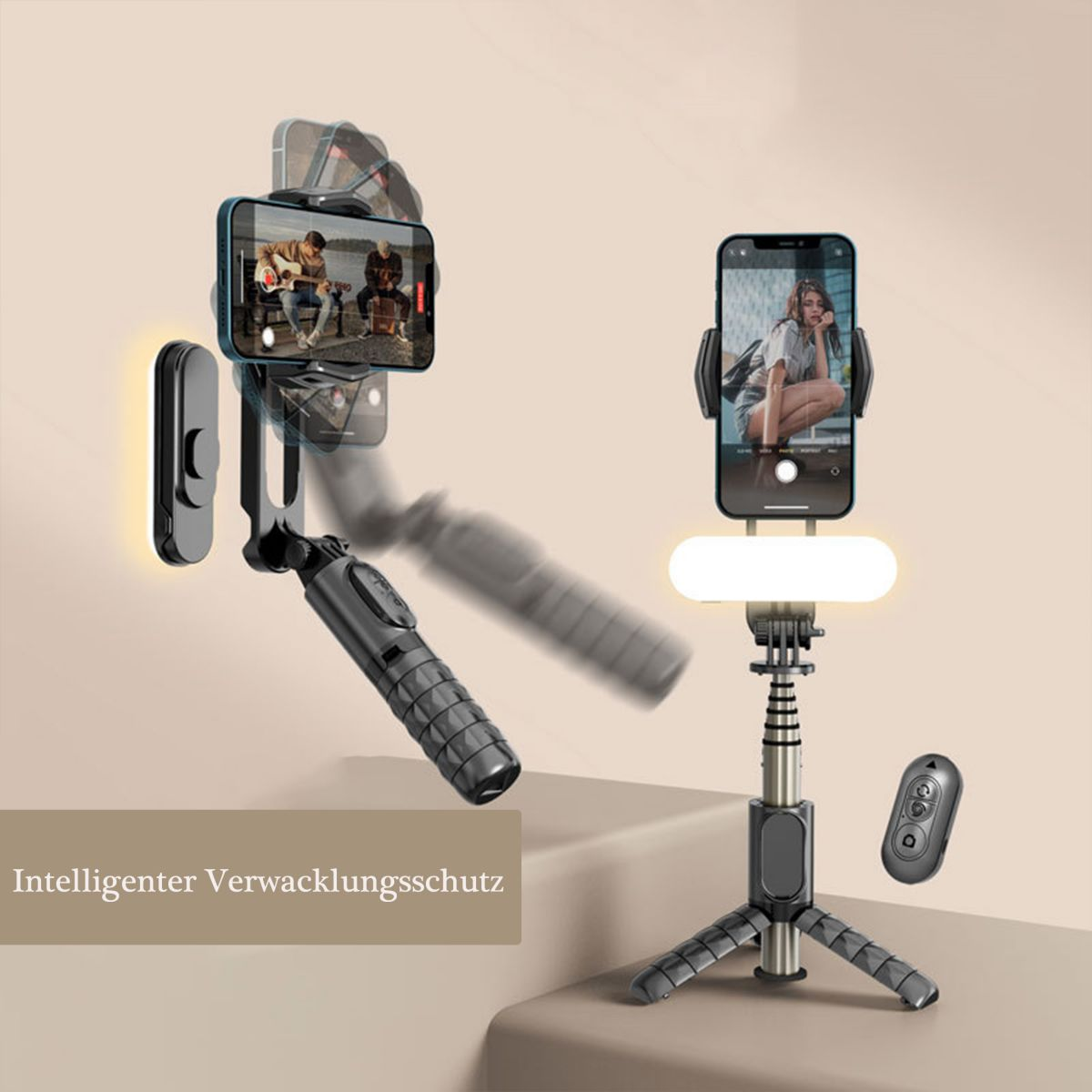 Zwei Telefone auf Stativen, eins mit Video, das andere mit Foto einer Frau, beide mit Lichtern.