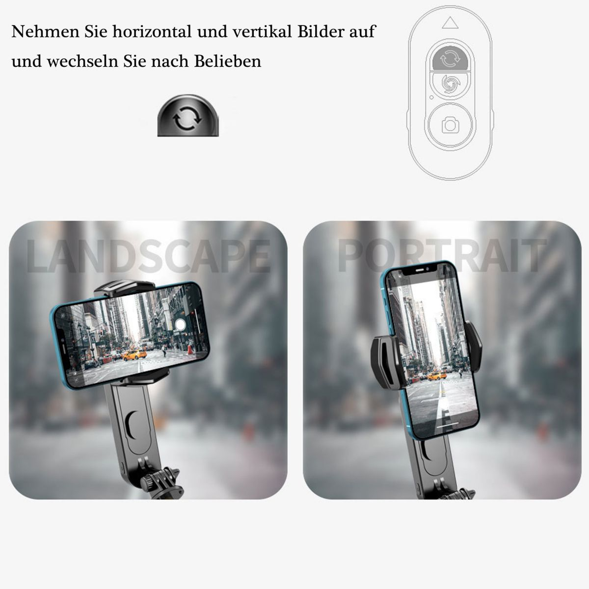 Telefon mit Kamerahalterung, zeigt Landschafts- und Portraitansichten, mit Steuertasten.