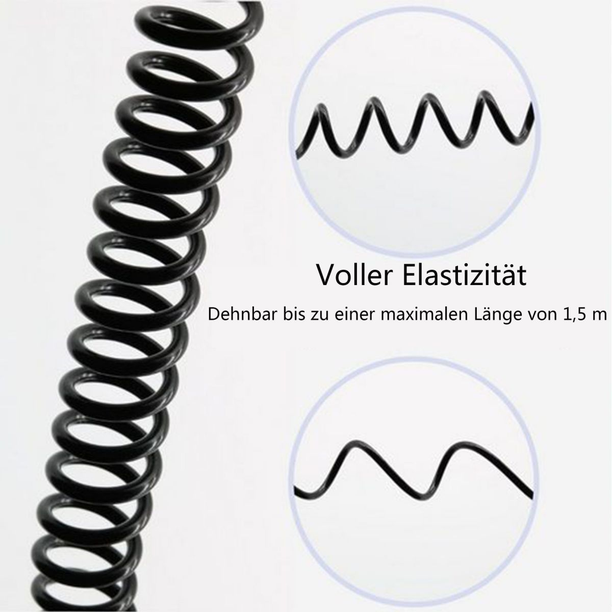 Nahaufnahme eines schwarzen Spiralkabels mit Text über Elastizität und Dehnung.