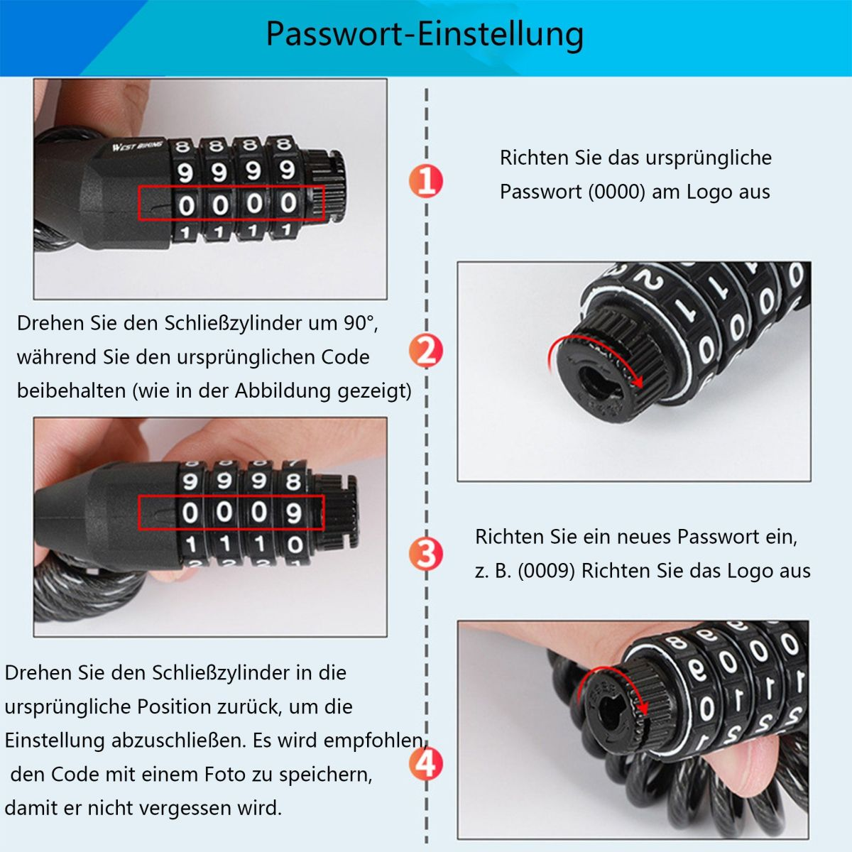 Anleitung zum Einstellen eines Zahlenschlosses. Verschiedene Schritte und Diagramme.
