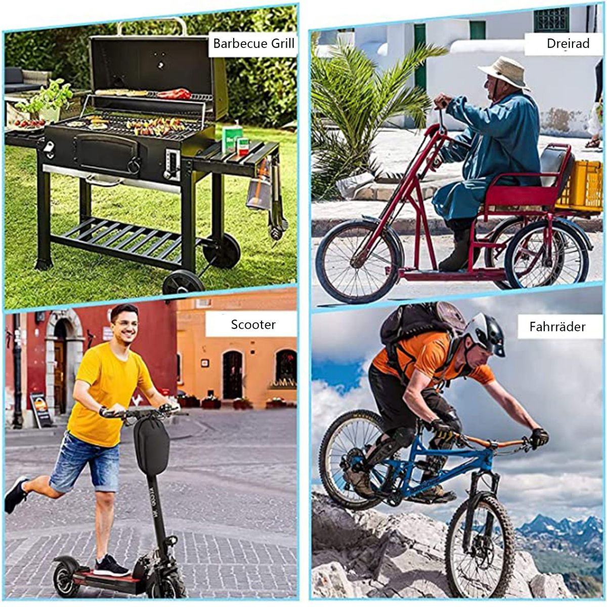 Eine Collage von Bildern, die einen Grill, ein Dreirad, einen Roller und ein Fahrrad zeigen. Jedes Bild hat eine Beschriftung.