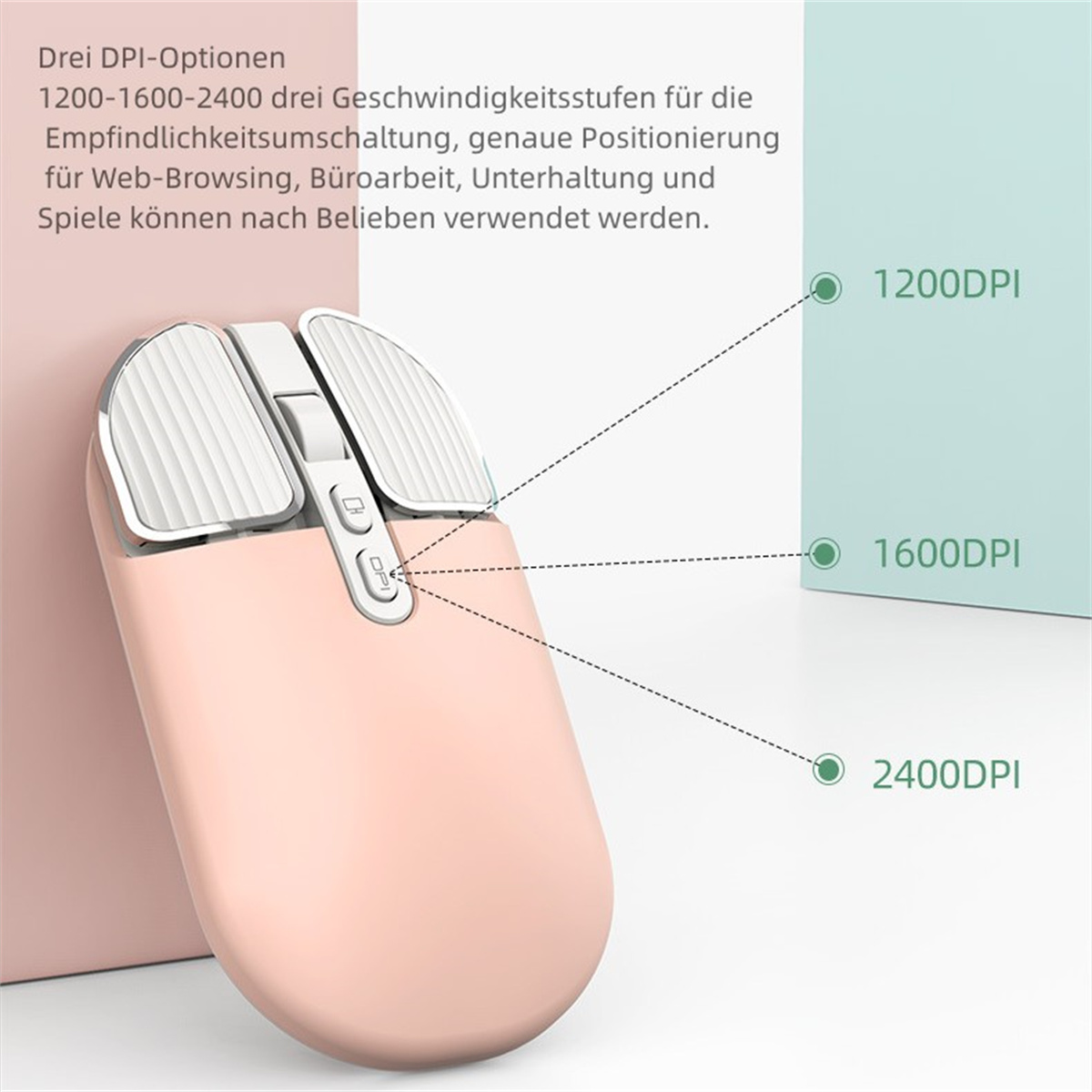 Rosa Maus mit weißen Tasten und DPI-Optionen. Hellgrüner und rosa Hintergrund.