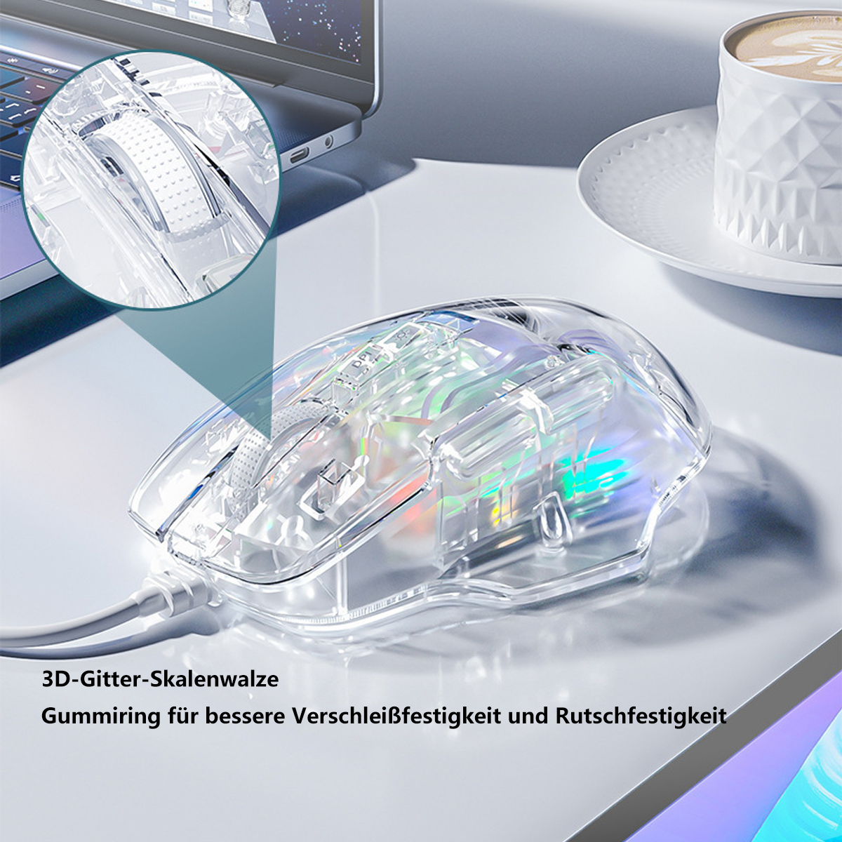 Transparente Computermaus mit farbenfrohen Innenlichtern und weißem Kabel.