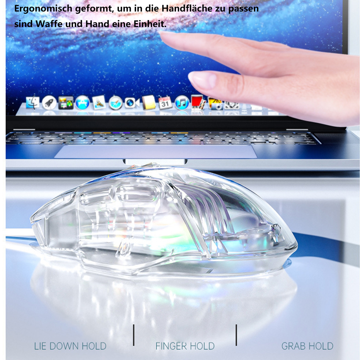 Eine transparente Maus mit einer Hand, die einen Laptop-Bildschirm berührt. Text auf dem Bildschirm ist auf Deutsch.