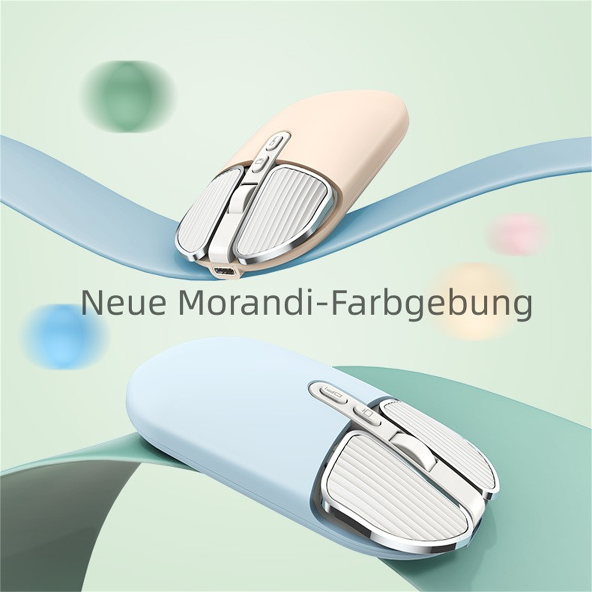 Zwei Computermäuse, eine beige, die andere blau, mit Text-Overlay: Neue Morandi-Farbgebung.