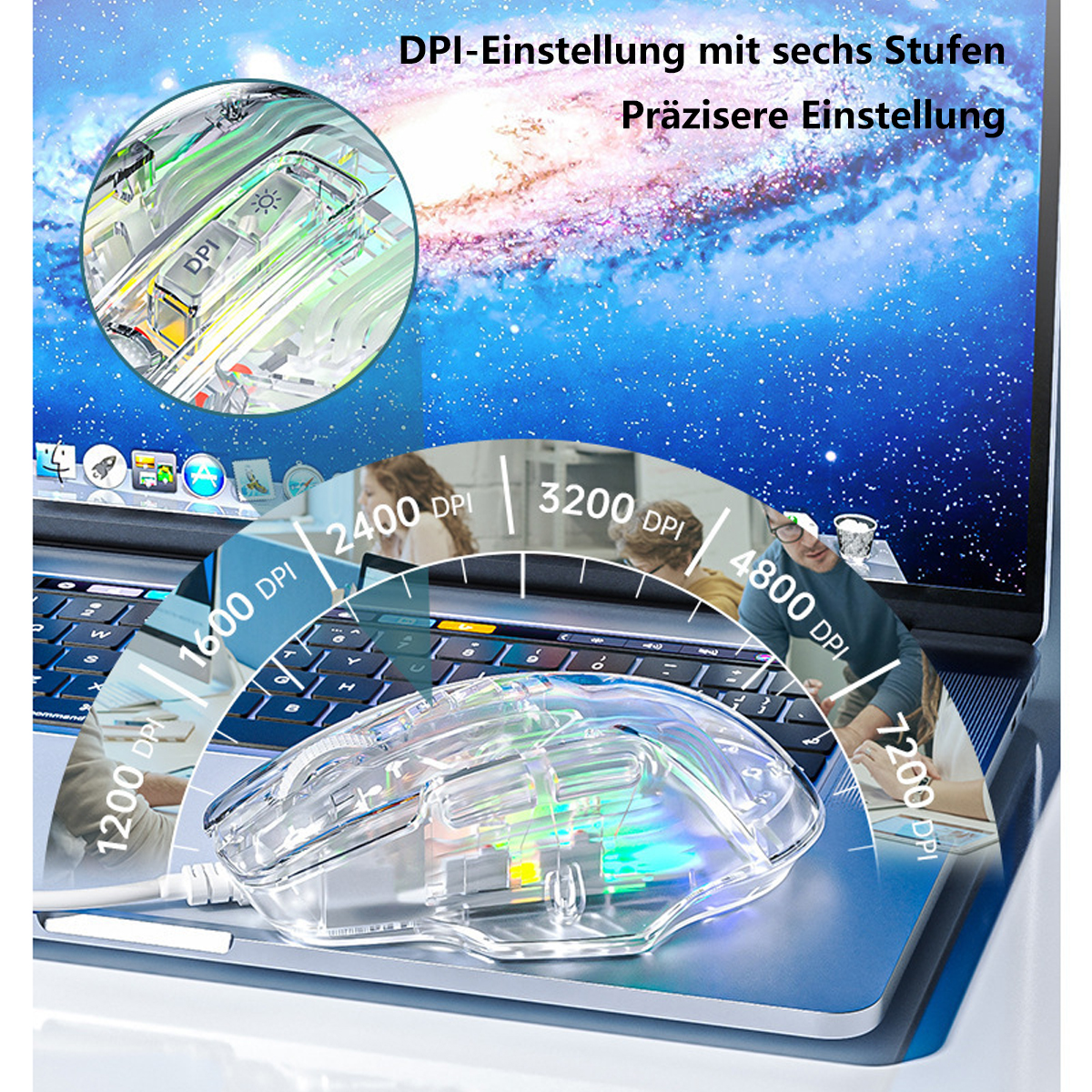 Transparente Gaming-Maus auf Laptop-Tastatur, mit DPI-Einstellungen.