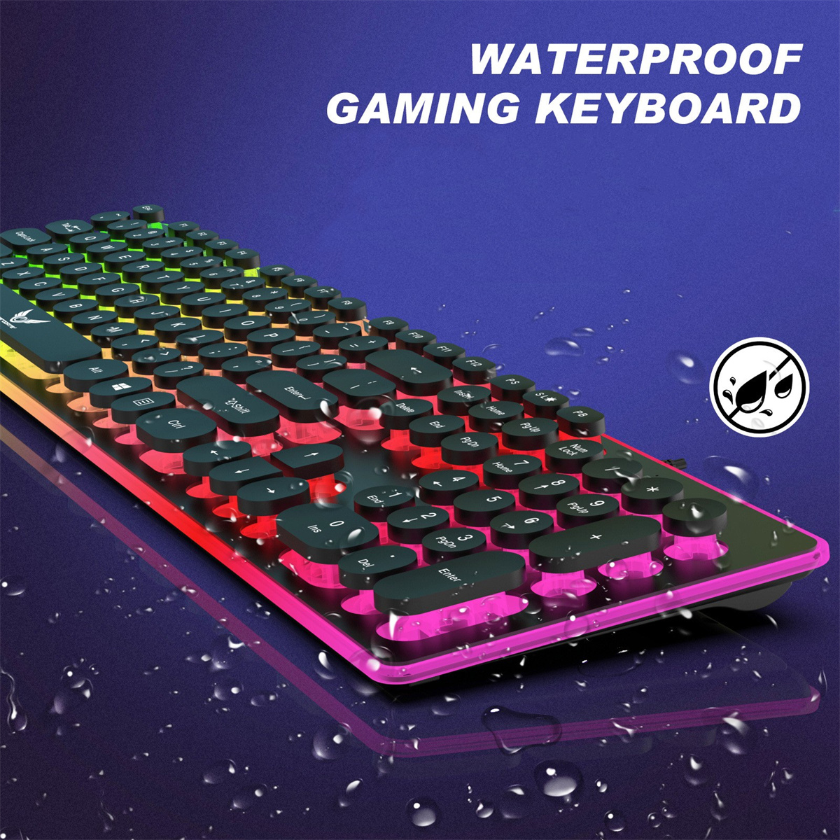 Wasserdichte Gaming-Tastatur mit RGB-Beleuchtung, mit Wassertropfen auf einer Oberfläche.