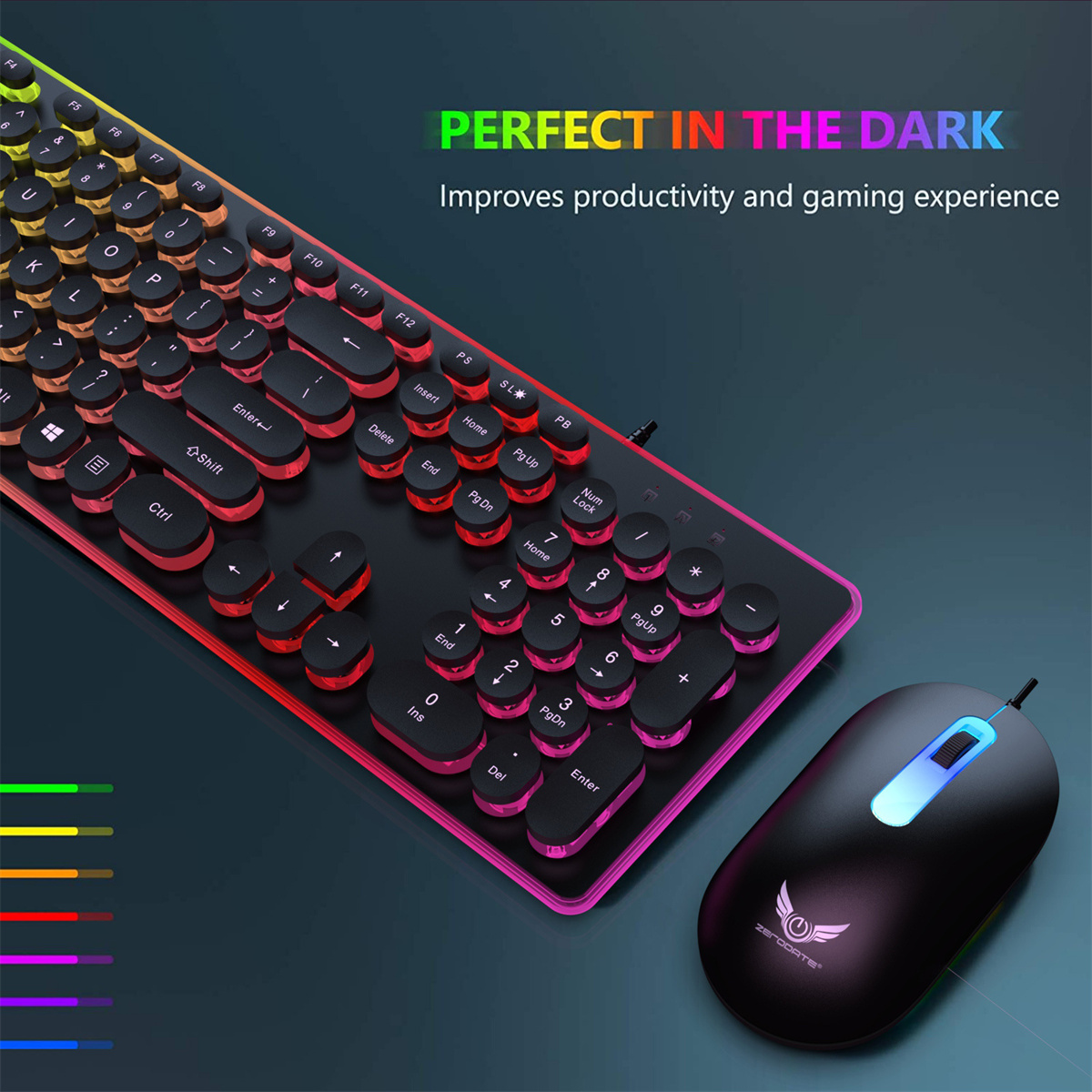 Eine schwarze Gaming-Tastatur und -Maus mit farbenfroher Beleuchtung.