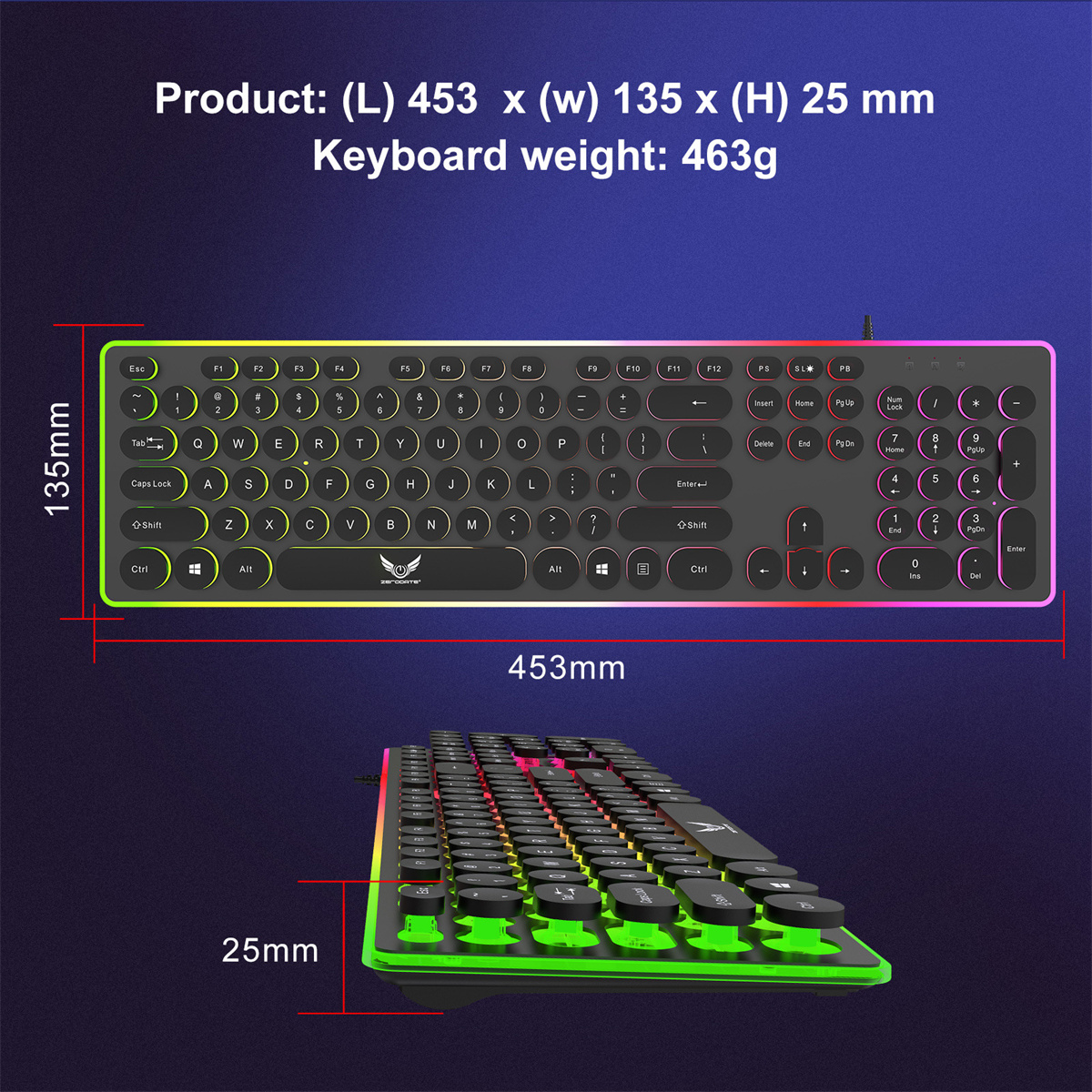 Eine farbenfrohe Tastatur mit Abmessungen und Draufsicht, Tasten und Layout zeigend.