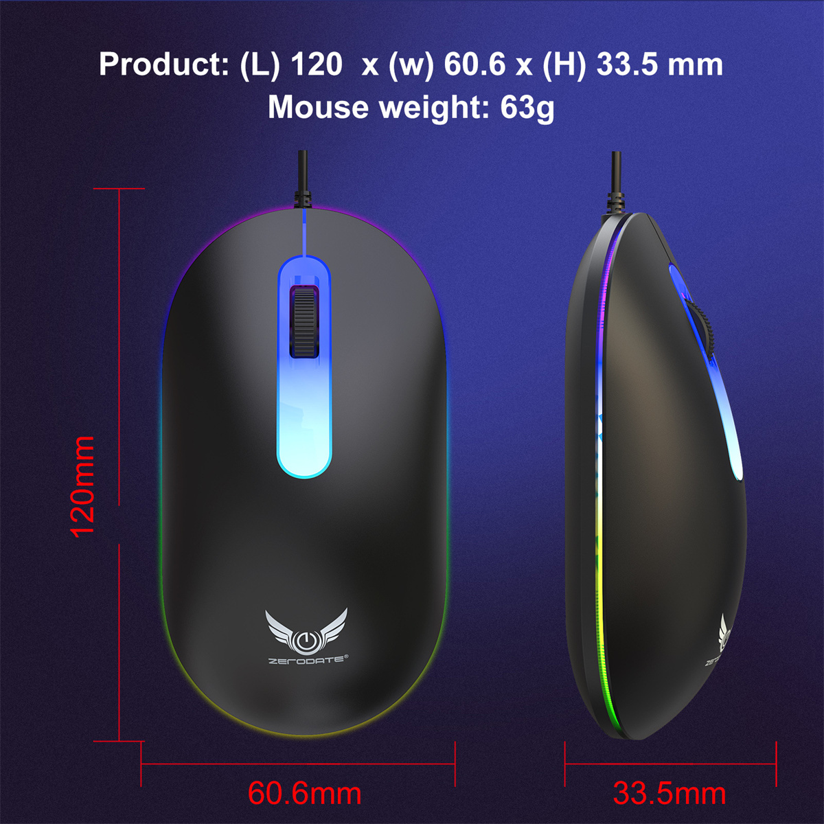 Eine schwarze Gaming-Maus mit Abmessungen und einer blau-grünen Farbe. Sie befindet sich auf einem dunkelblauen Hintergrund.
