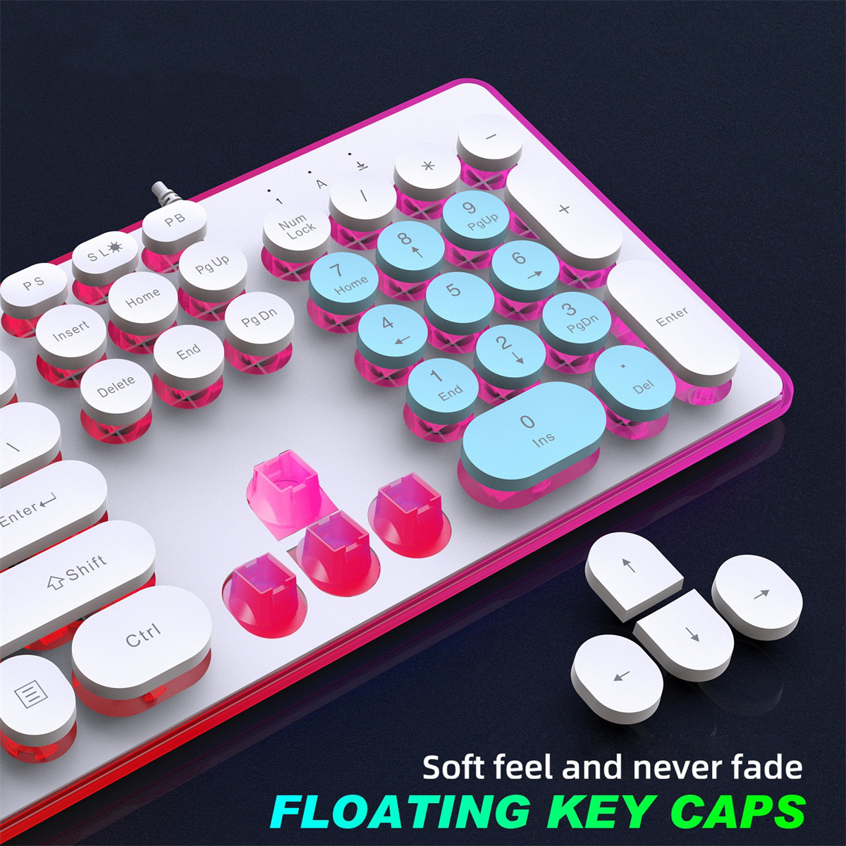 Eine weiße und pinkfarbene Tastatur mit schwebenden Tastenkappen. Die Tasten sind weiß, pink und hellblau. Die Tastatur liegt auf einer Oberfläche.