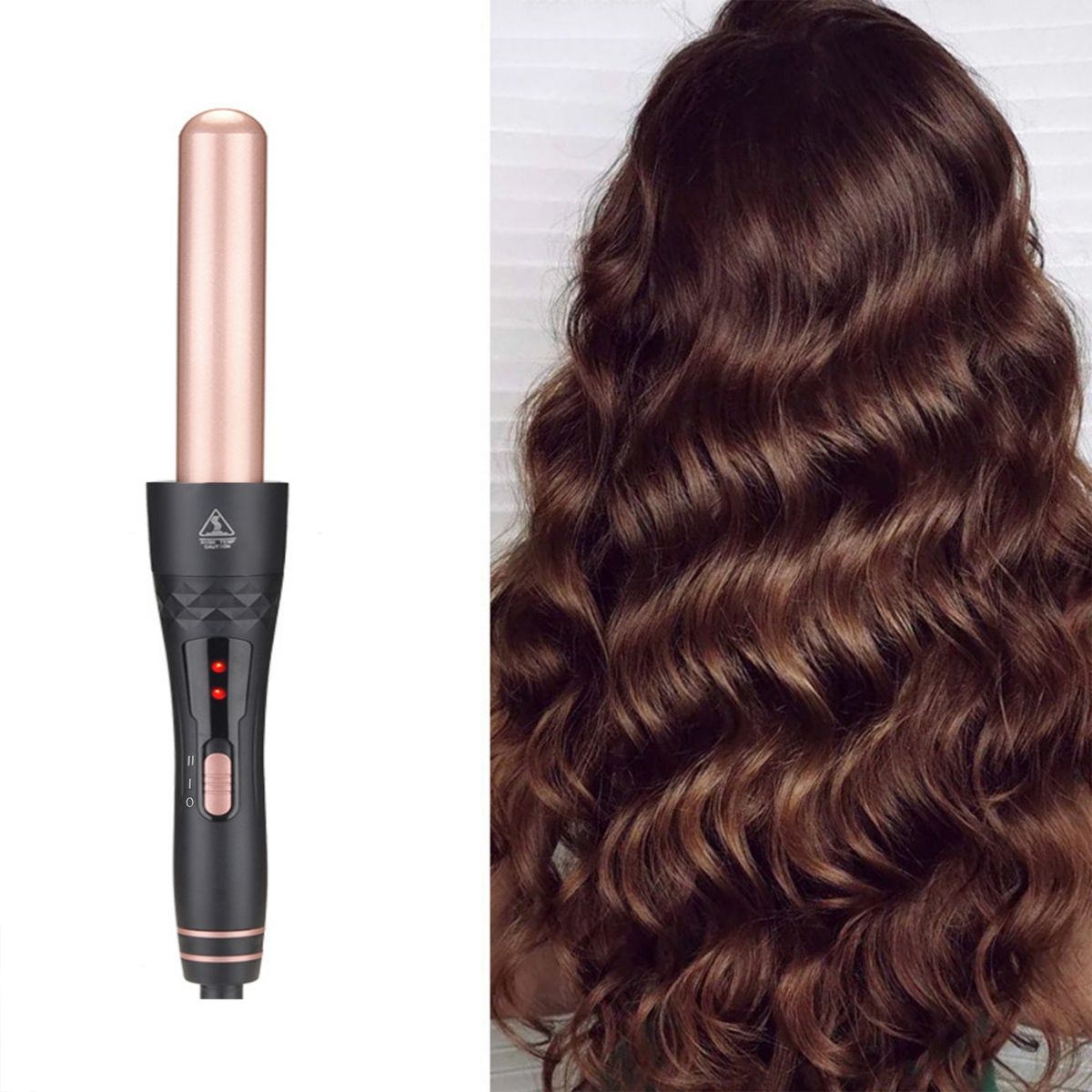 Haar Lockenstab und welliges braunes Haar. Lockenstab ist schwarz und roségold. Das Haar ist gelockt.